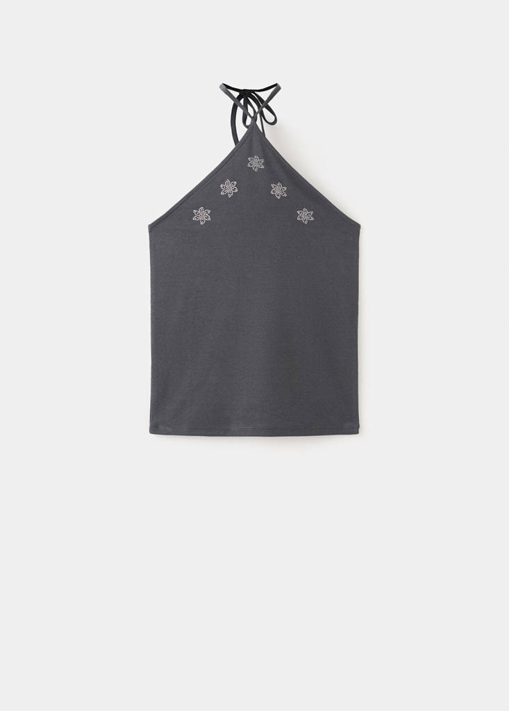 Neckholder-Top mit Strassdetail — Anthrazit