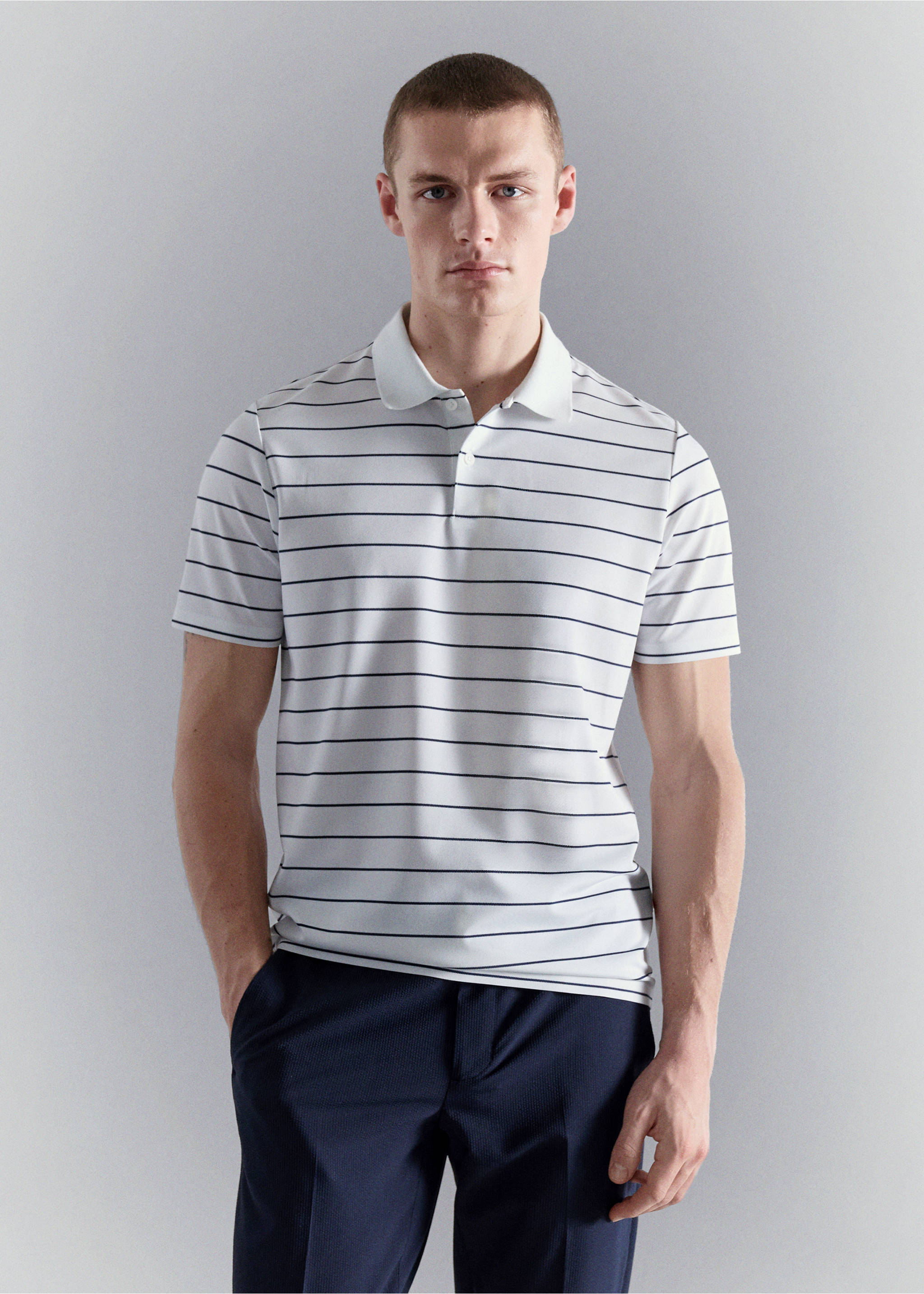 Polo slim-fit rayures COOLMAX® - Plan moyen, Blanc. Ref: 27047911-00.