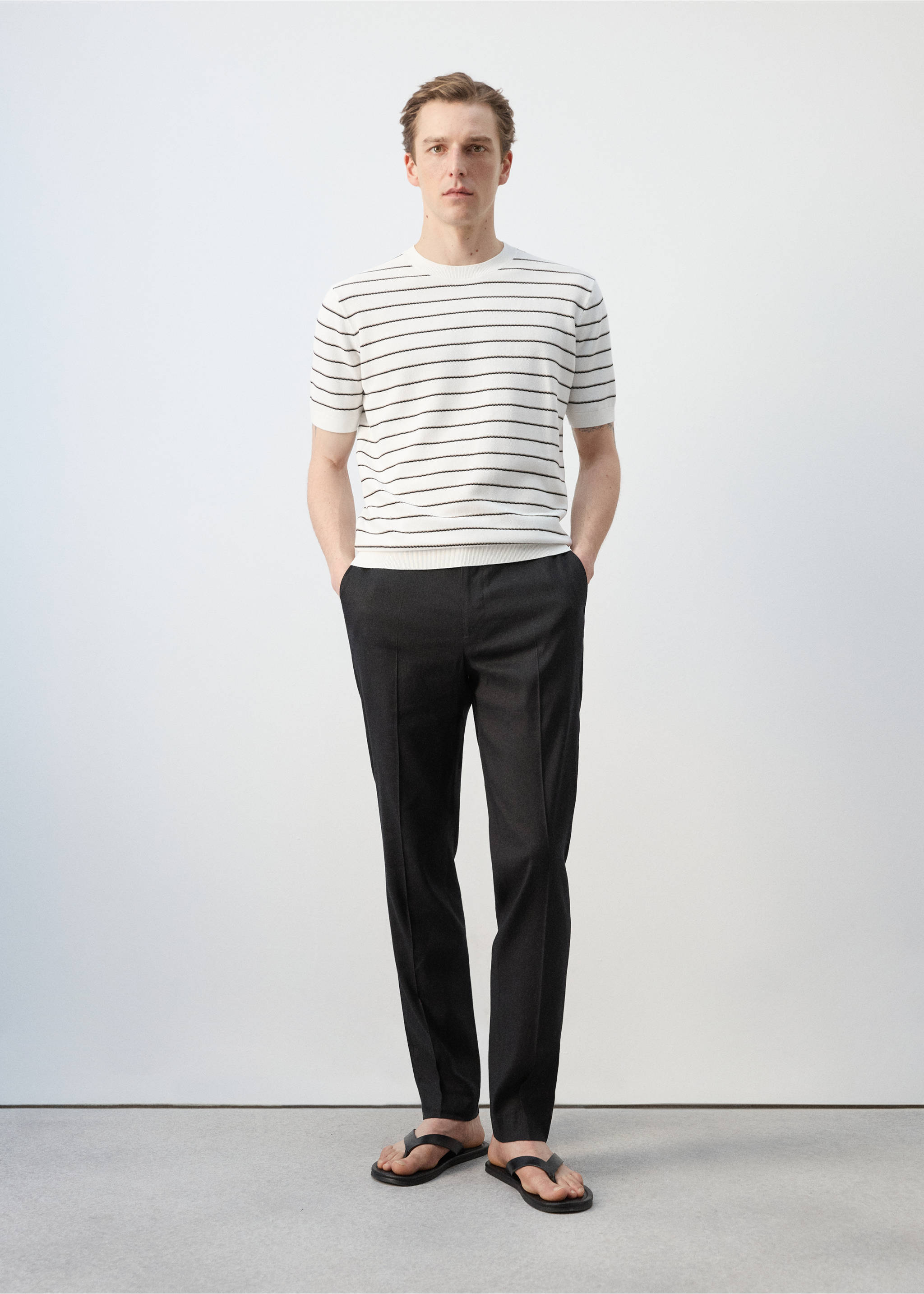 Camiseta algodón punto rayas - Plano general, Blanco roto. Ref: 27047914-00.