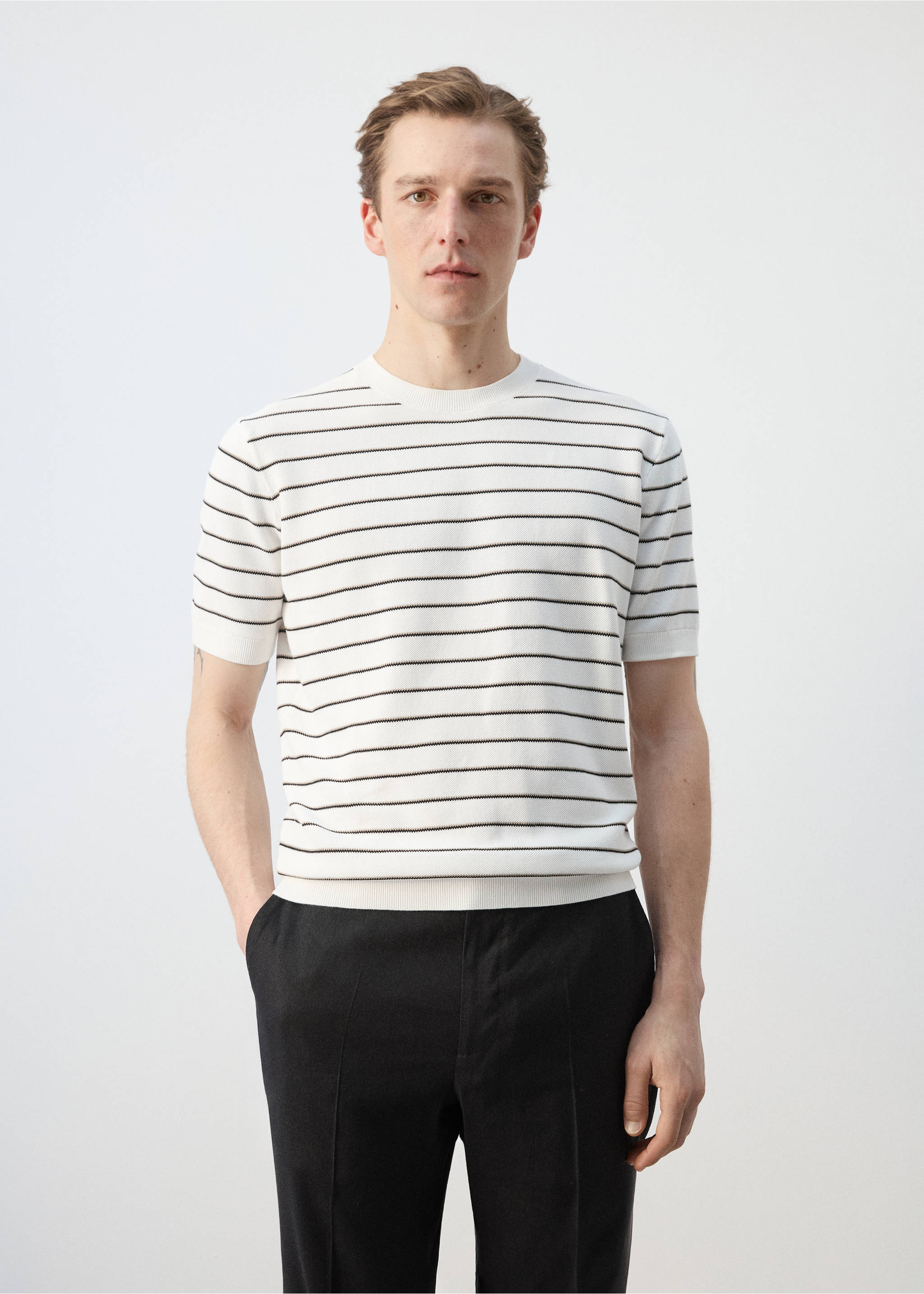 Camiseta algodón punto rayas - Plano medio, Blanco roto. Ref: 27047914-00.