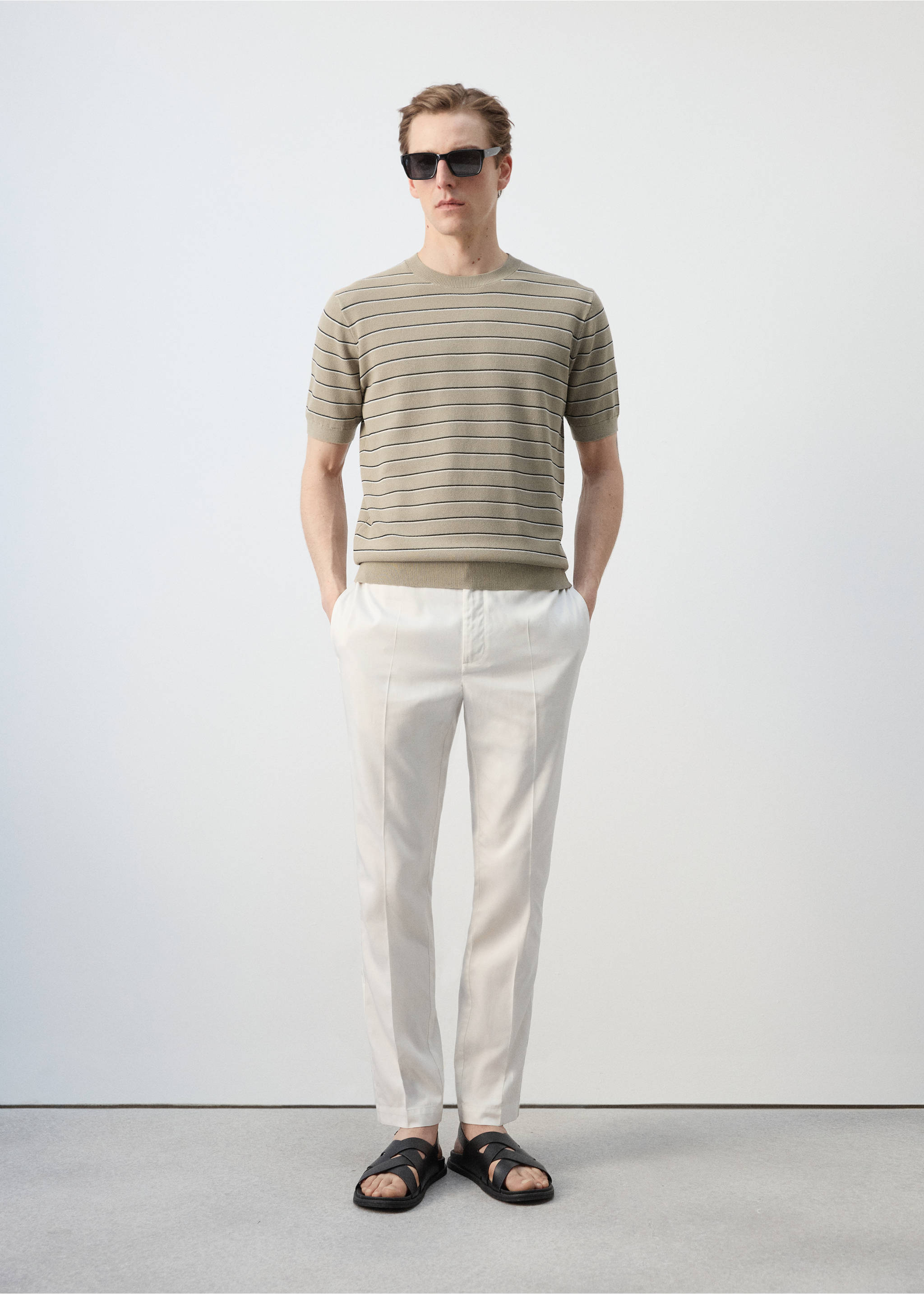 Camiseta algodón punto rayas - Plano general, Beige. Ref: 27047914-00.