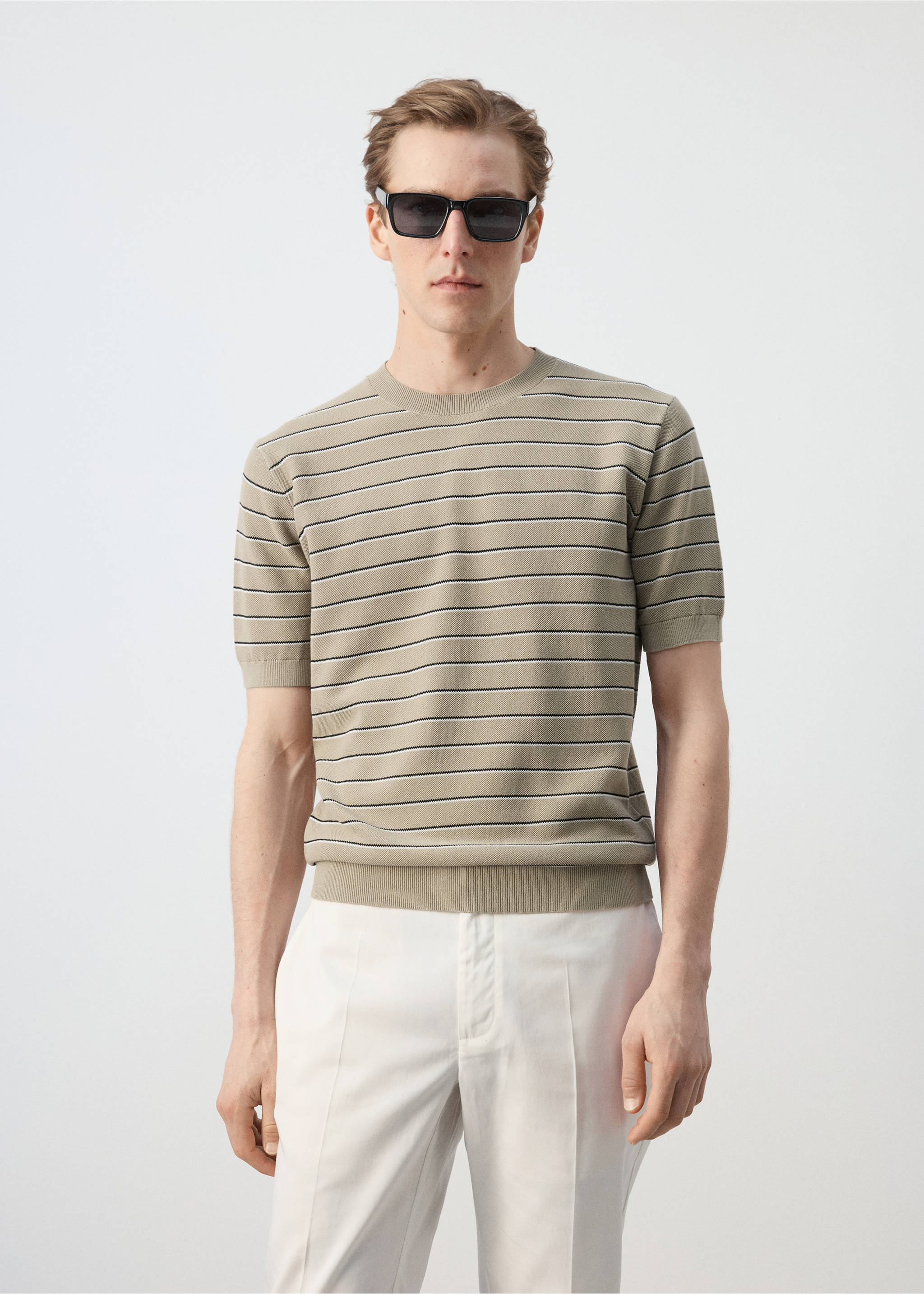 Camiseta algodón punto rayas - Plano medio, Beige. Ref: 27047914-00.