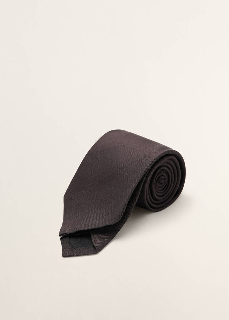 Plain tie in linen and silk blend — Brown