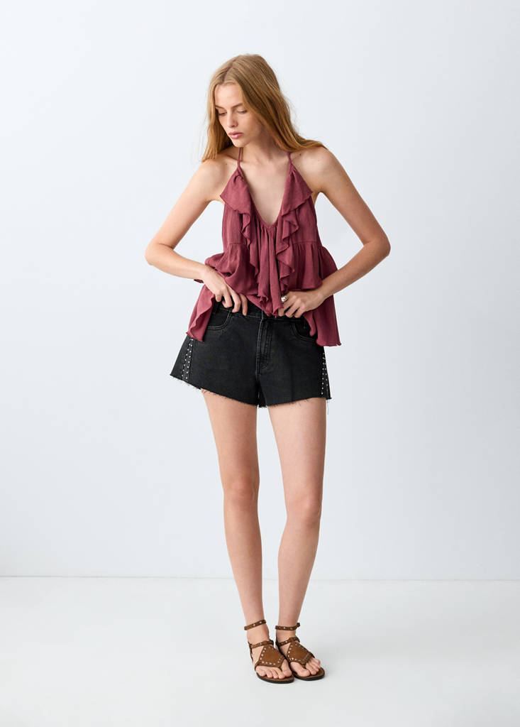 High-waisted studded shorts — Black denim