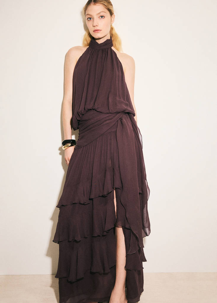 Halter dress with ruffles — Brown
