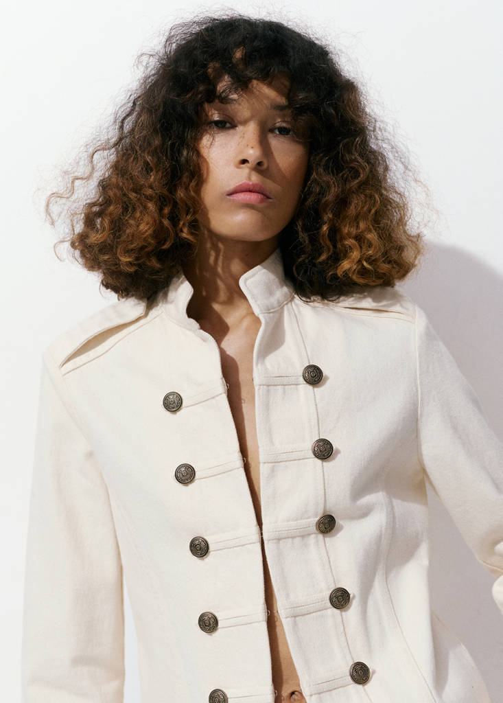 Fitted jacket with band collar — Ecru