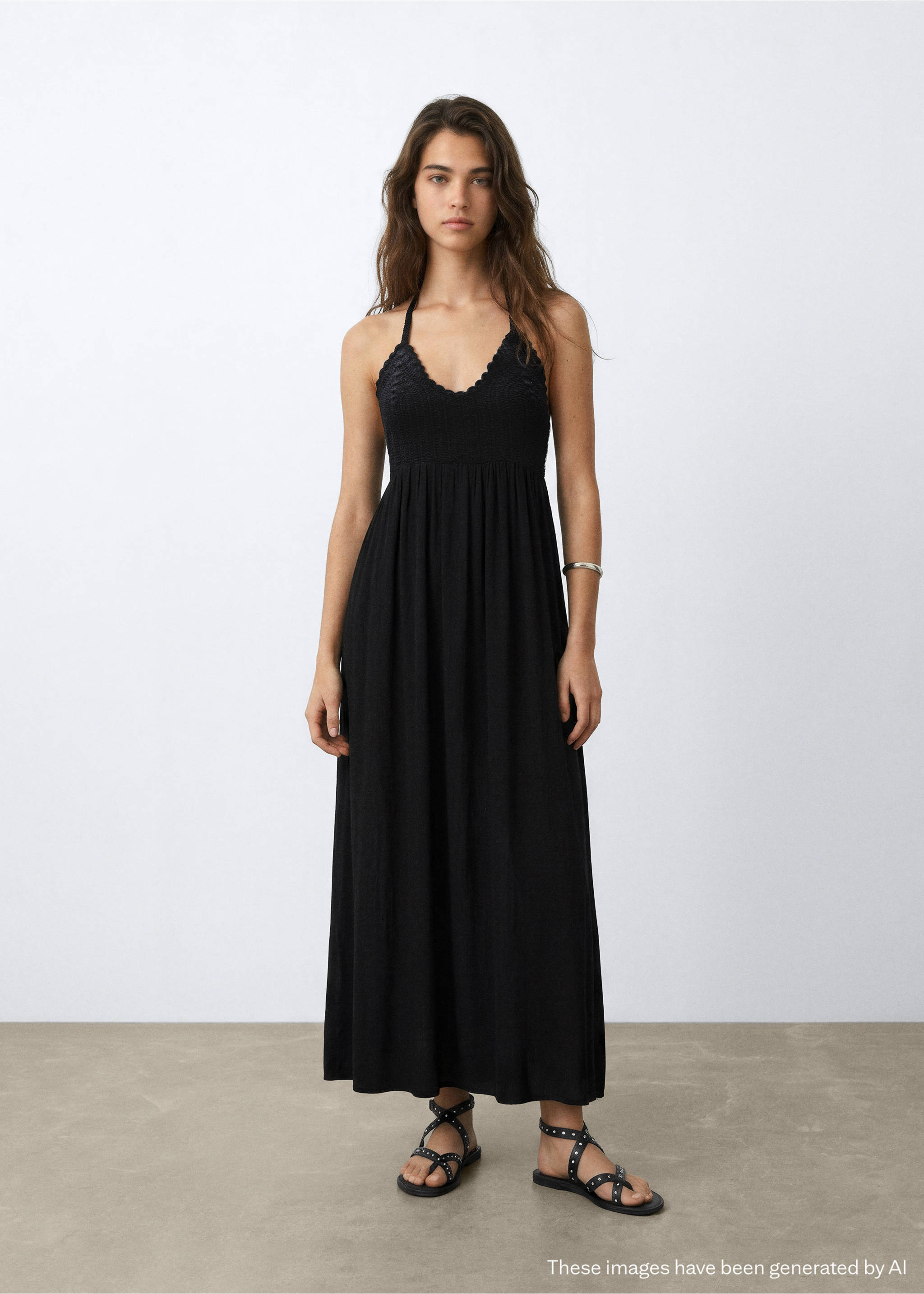 Long dress with crochet detail - General plane, Black. Ref: 27048651-00.