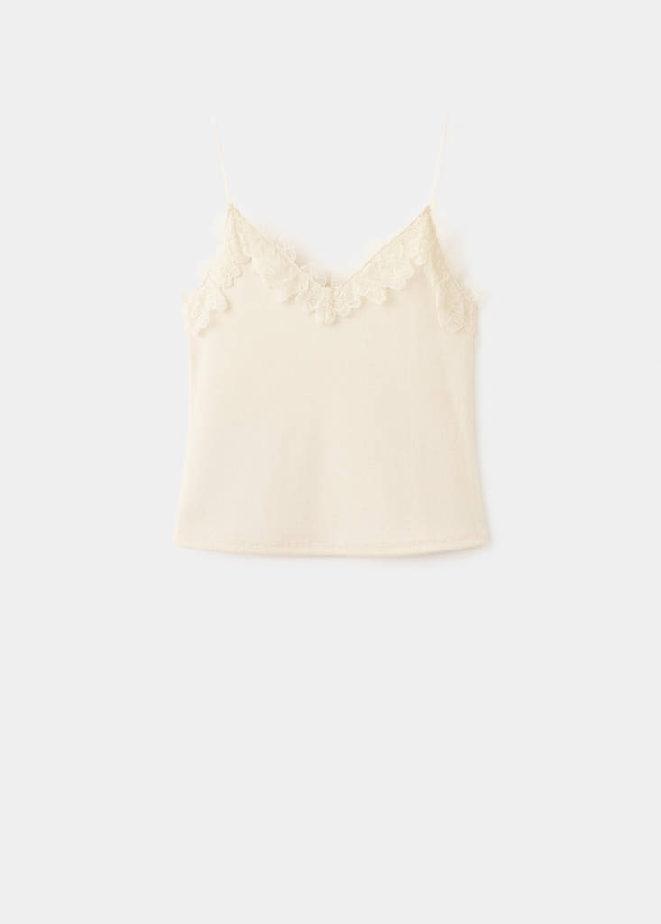 Lace detail knit top — Ecru