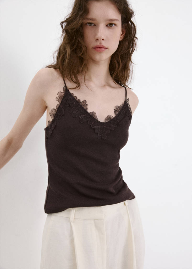 Lace detail knit top — Brown