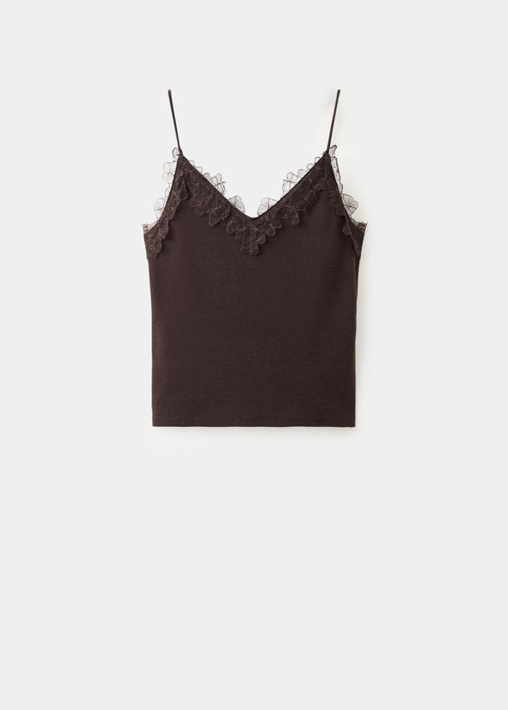 Lace detail knit top — Brown