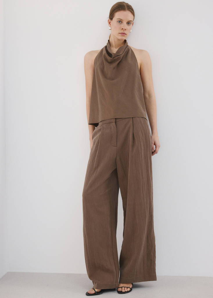 Lyocell top with draped neck — Brown