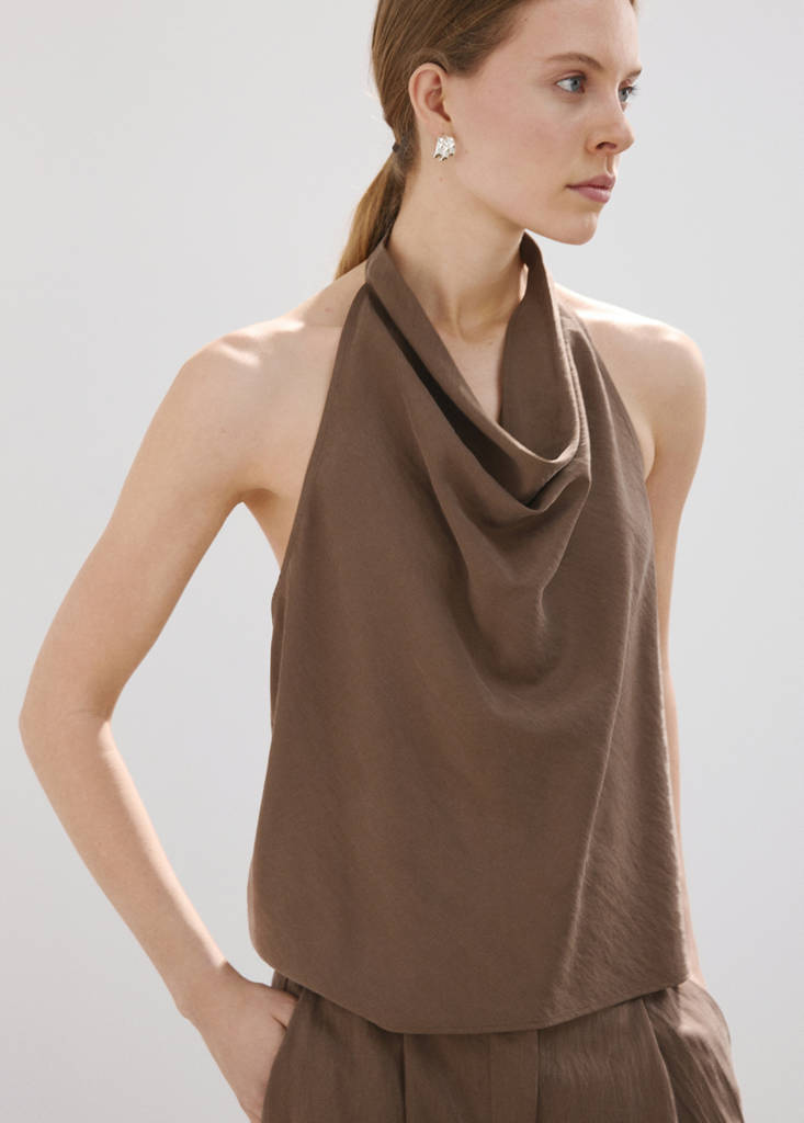 Lyocell top with draped neck — Brown