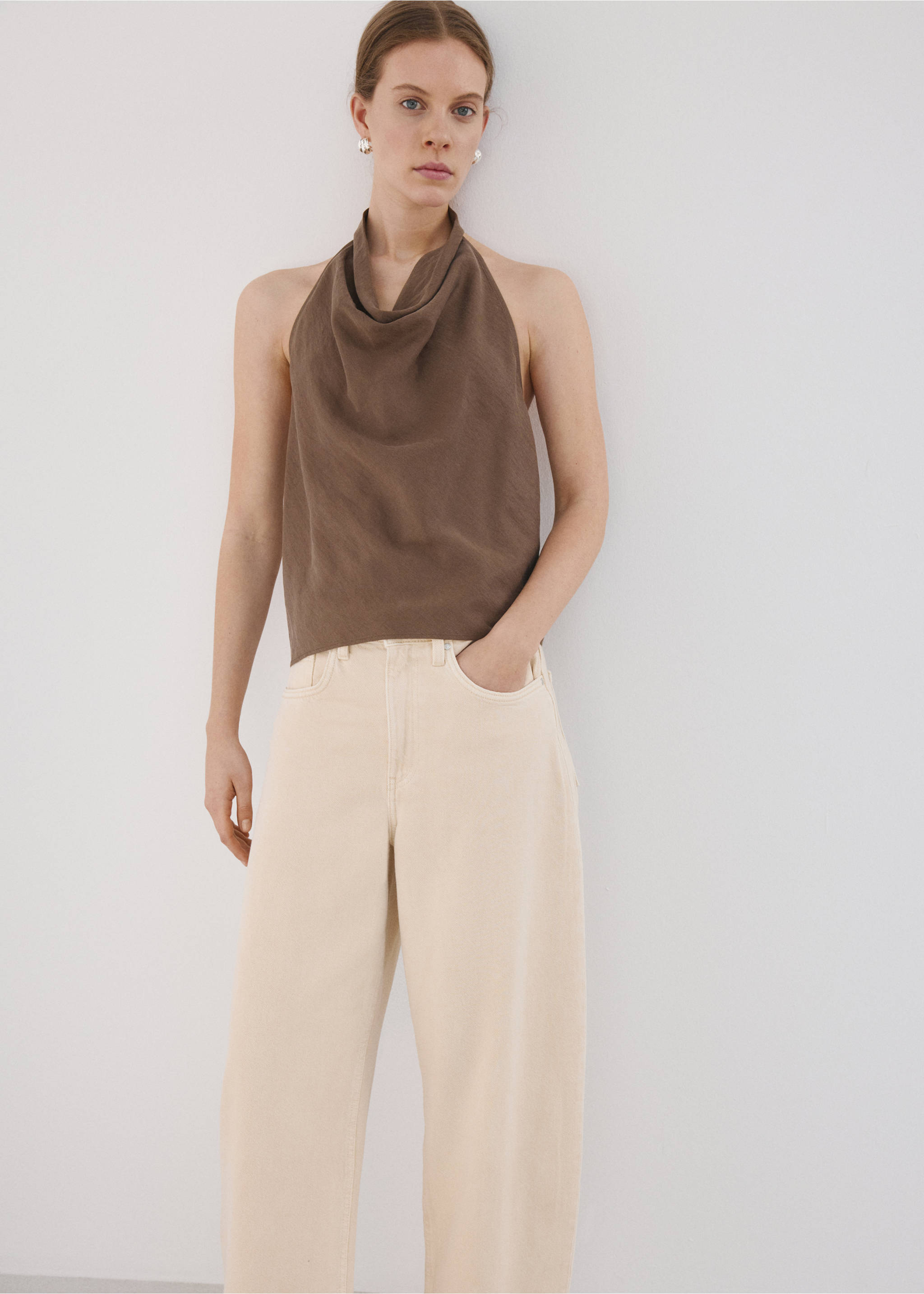 Lyocell top with draped neck - Details of the article 2, Brown. Ref: 27049063-00.