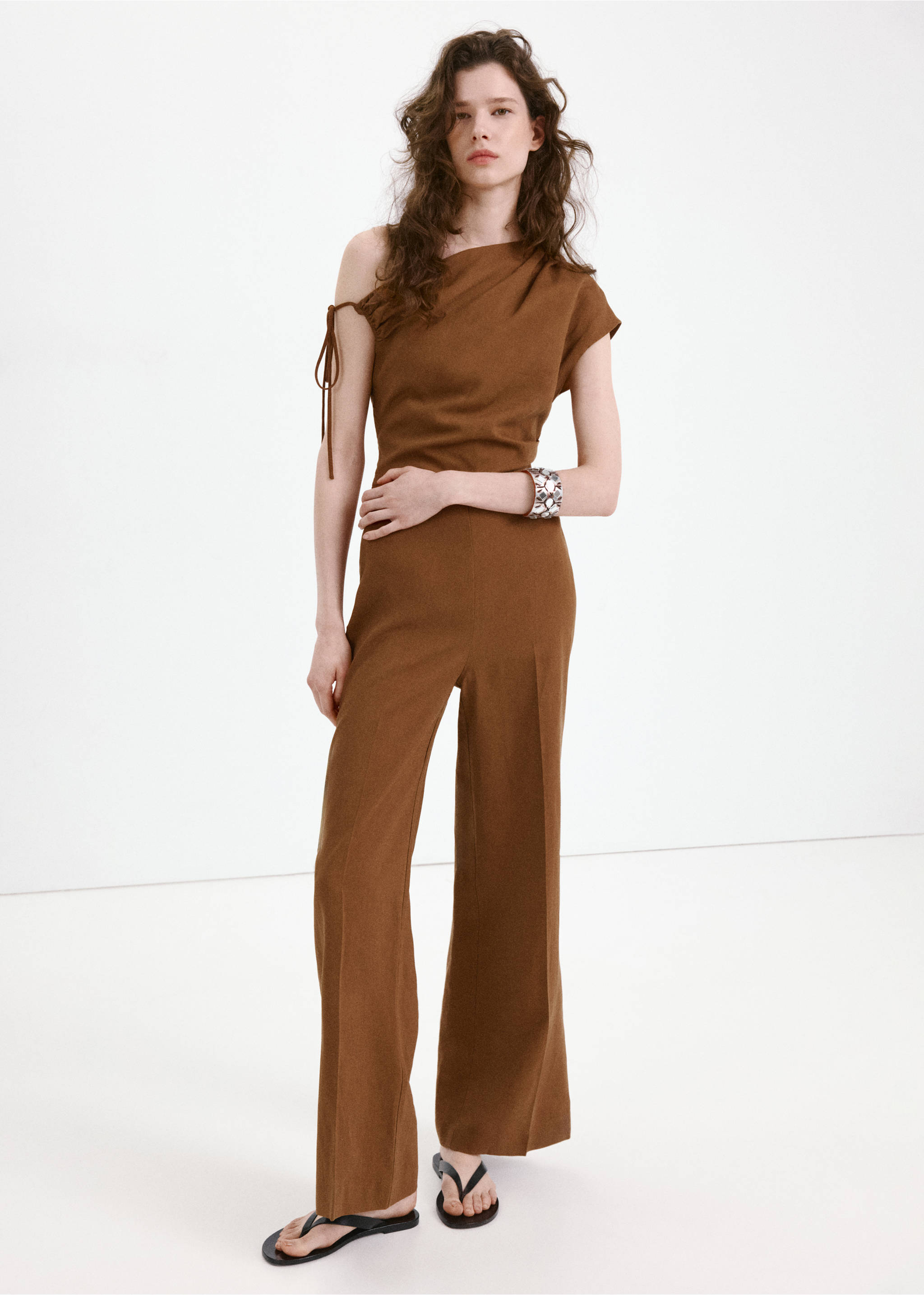 Asymmetric linen lyocell jumpsuit - General plane, Tobacco Brown. Ref: 27049066-00.