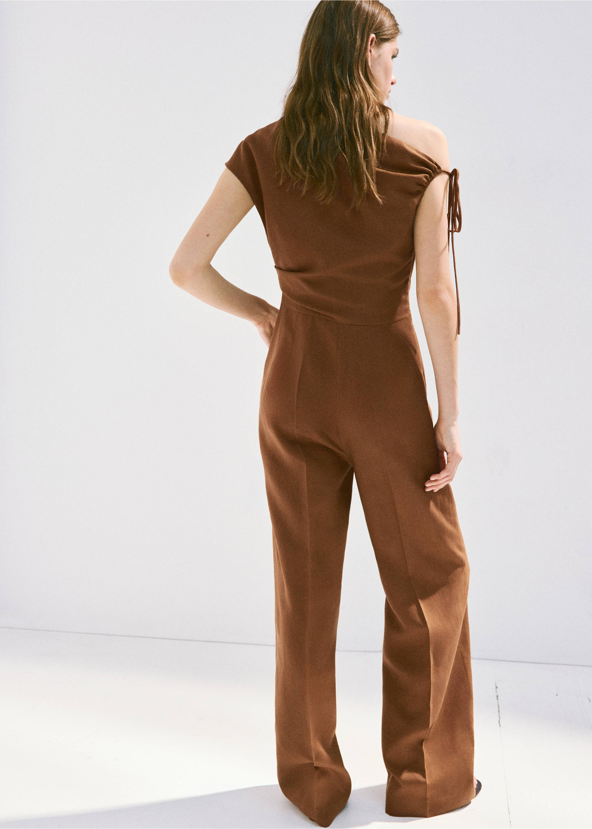 Asymmetric linen lyocell jumpsuit - Reverse of the article, Tobacco Brown. Ref: 27049066-01.