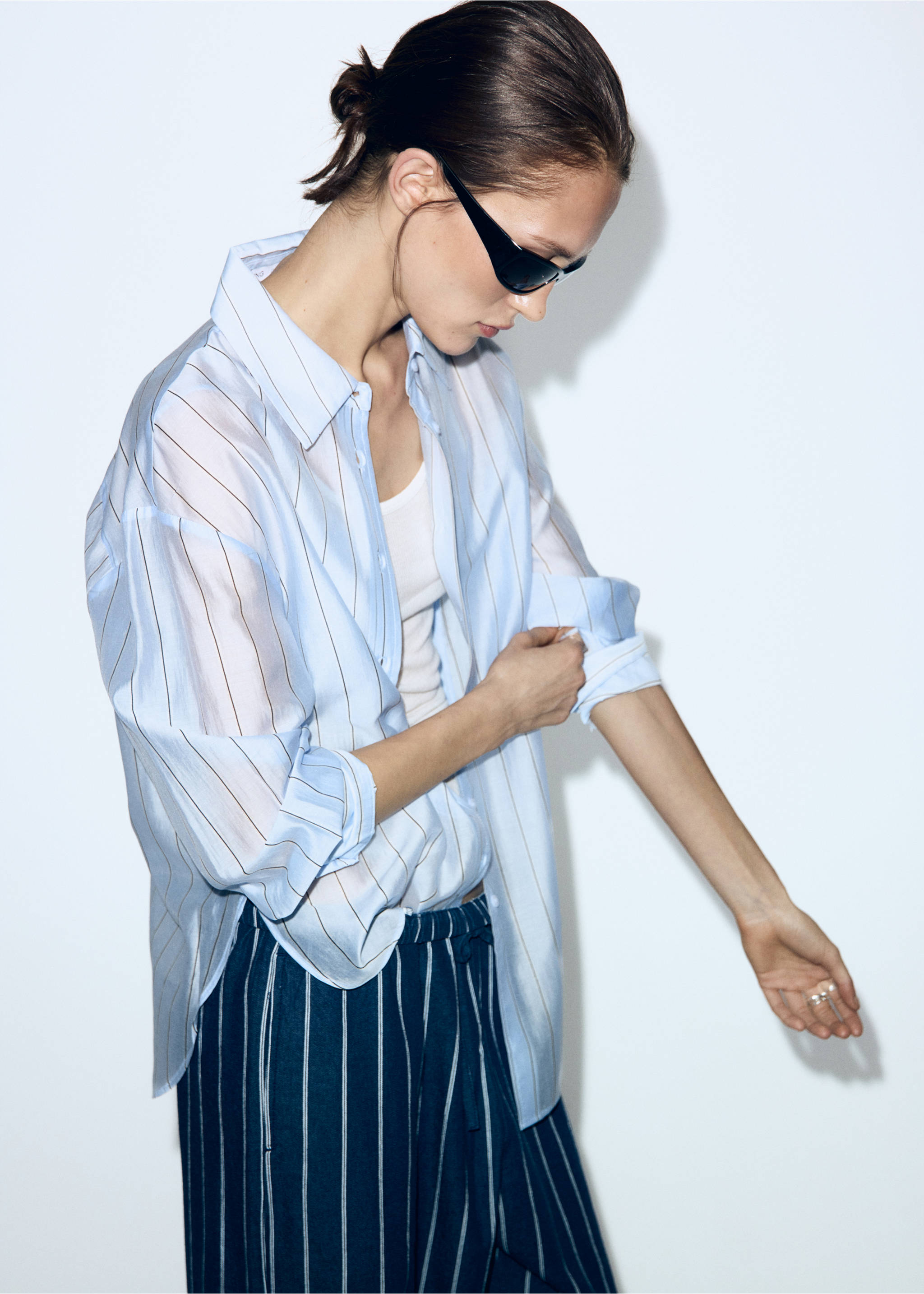 Camisa lyocell rayas - Plano medio, Azul celeste. Ref: 27049069-00.