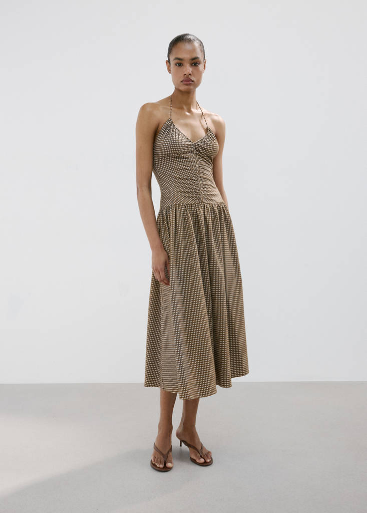 Midi dress with ruched check detail — Khaki