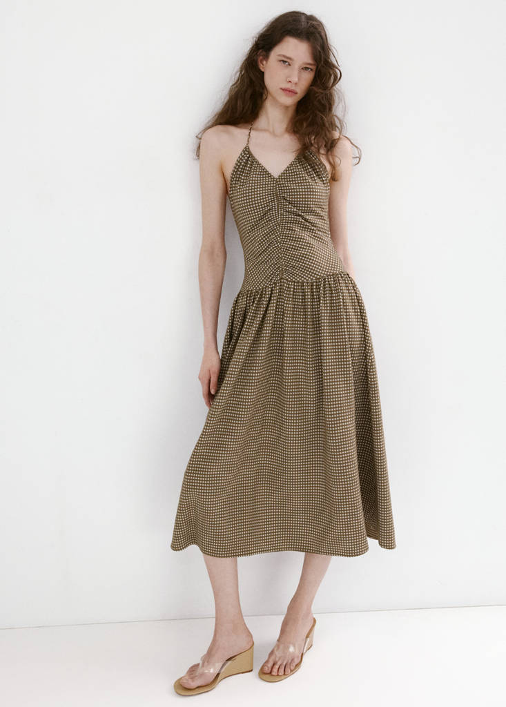 Midi dress with ruched check detail — Khaki