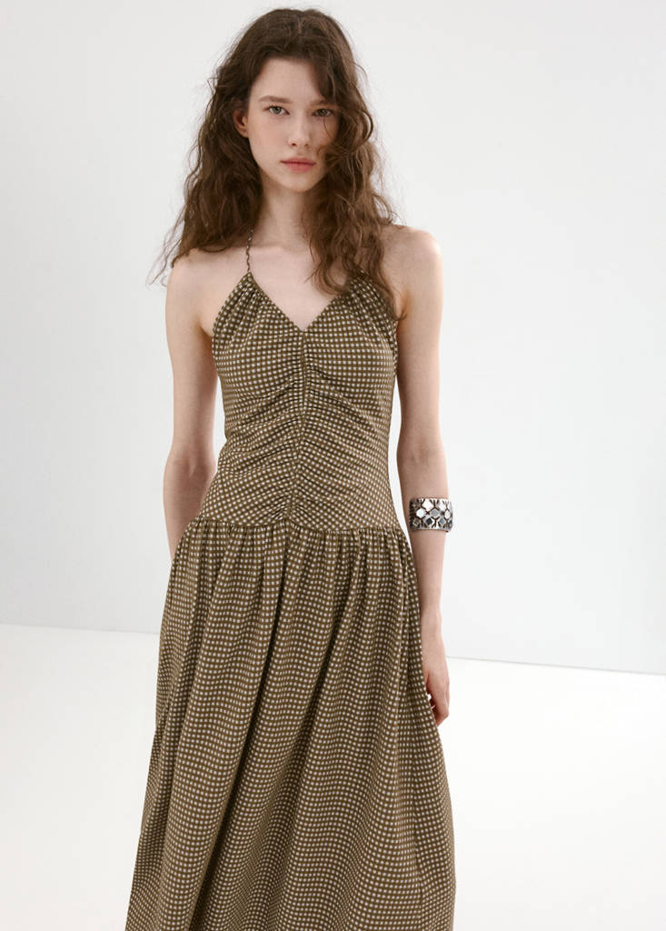 Midi dress with ruched check detail — Khaki