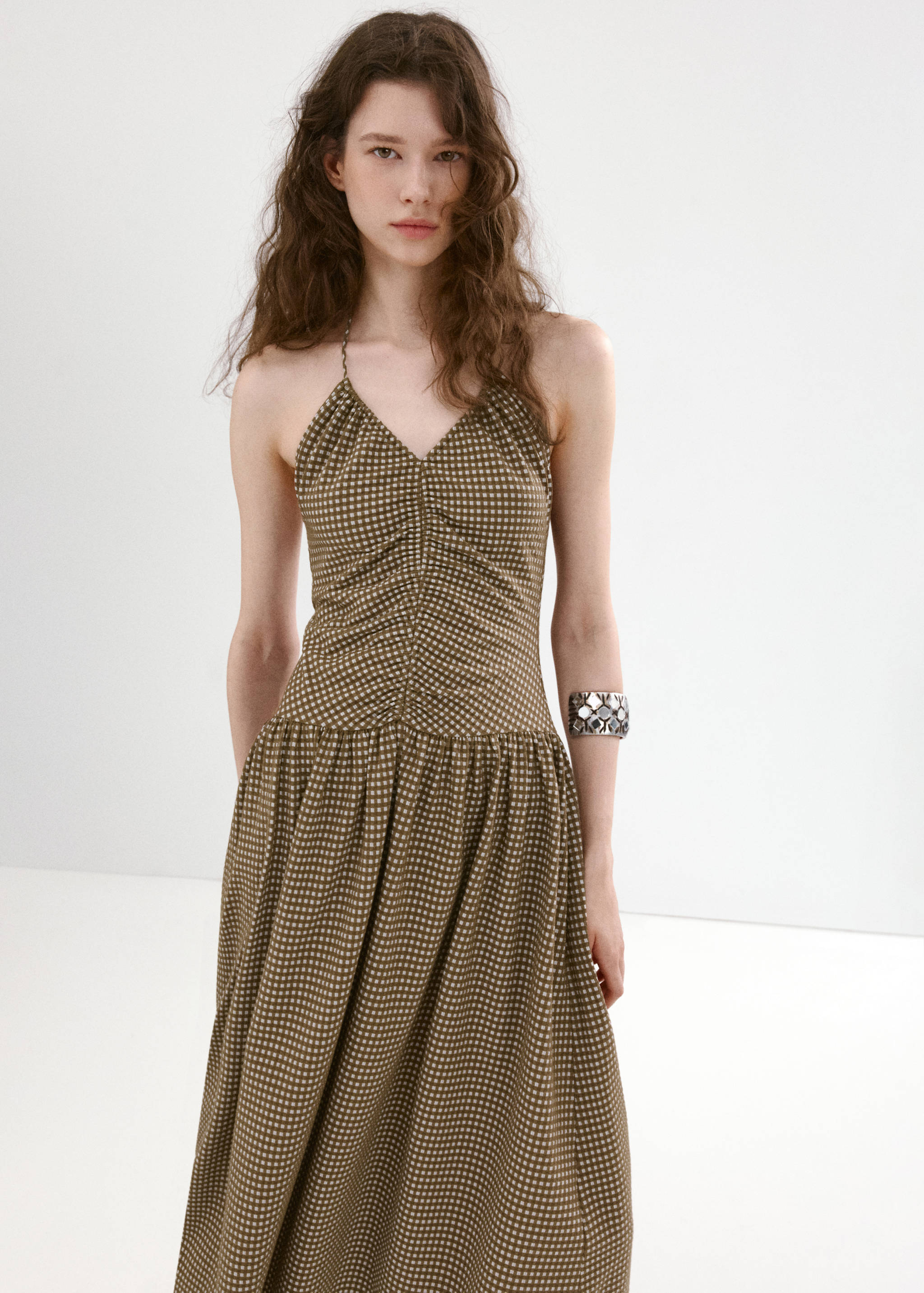 mango check pattern midi dress Checkered midi dress with ruched detail