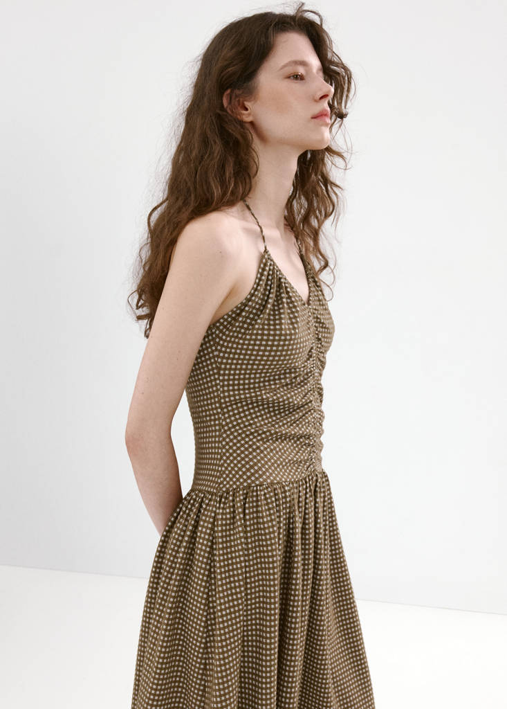 Midi dress with ruched check detail — Khaki