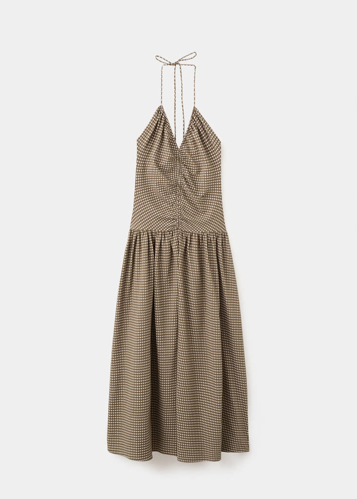 Midi dress with ruched check detail — Khaki