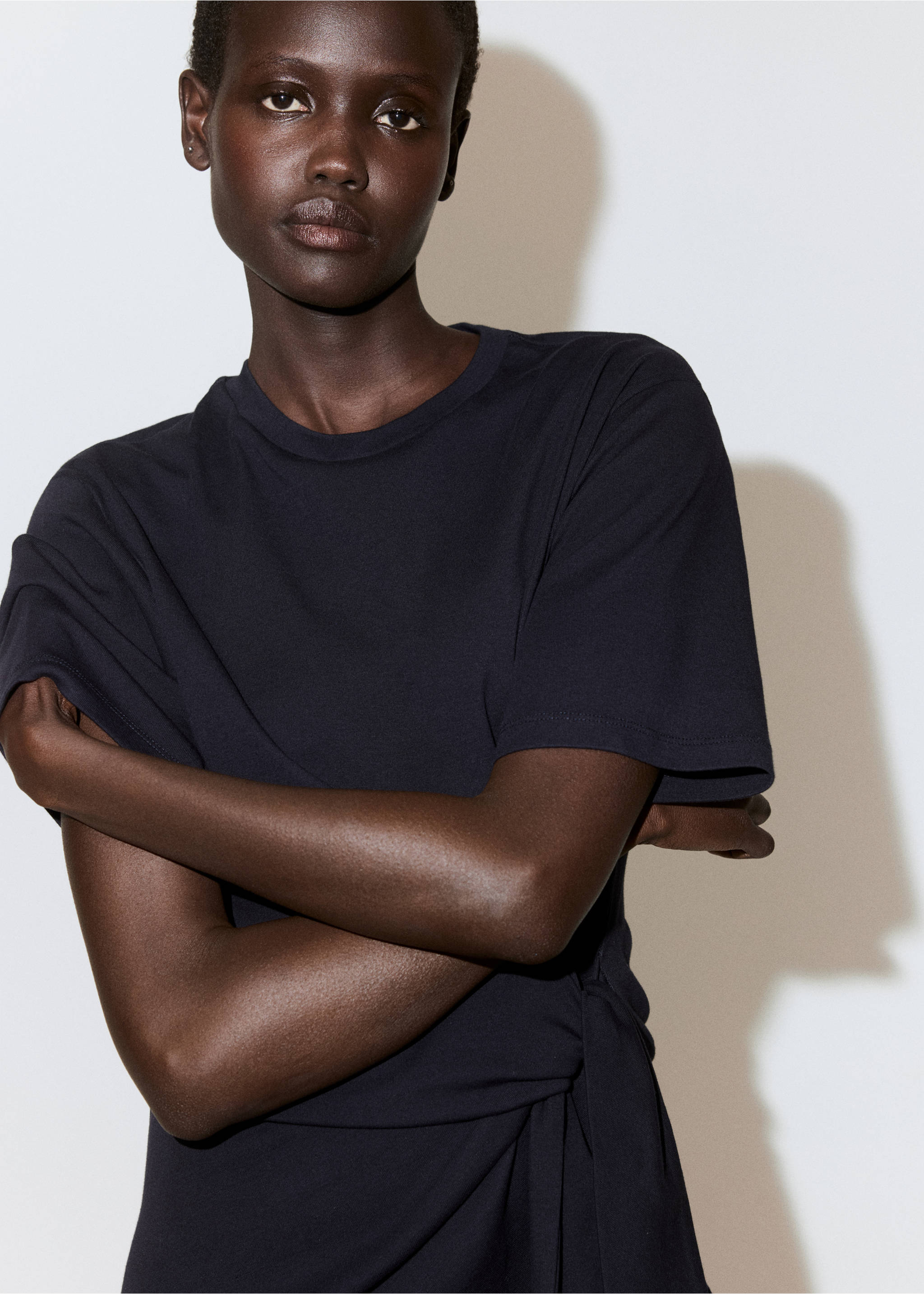 Cotton dress with side bow - Details of the article 1, Navy. Ref: 27049076-00.