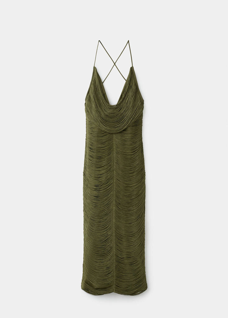Fringed dress with low back — Khaki