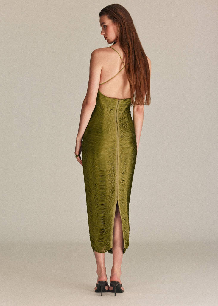 Fringed dress with low back — Green