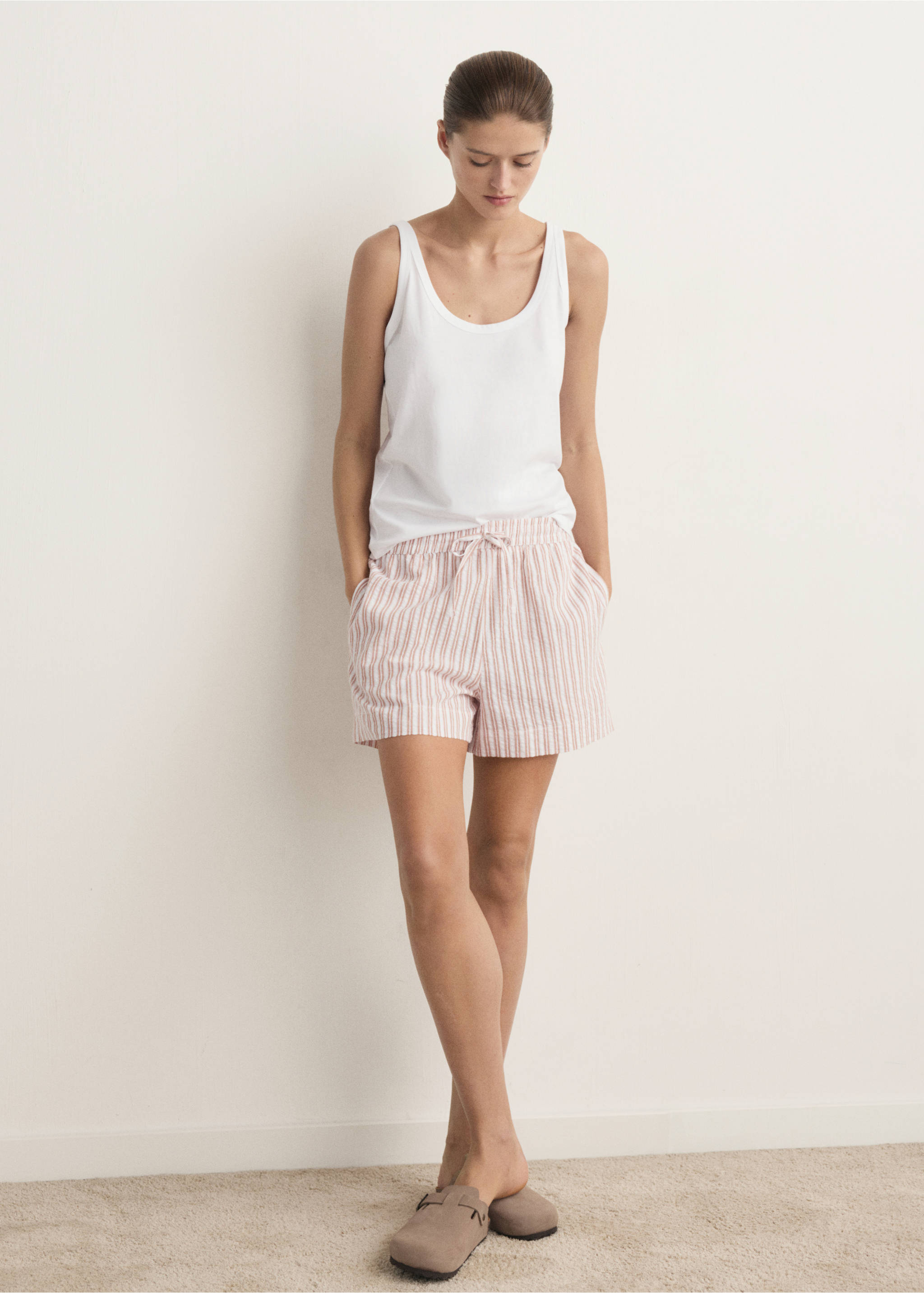 Pijama dues peces ratlla cotó tirants - Pla general, Vermell ataronjat. Ref: 27051217-00.