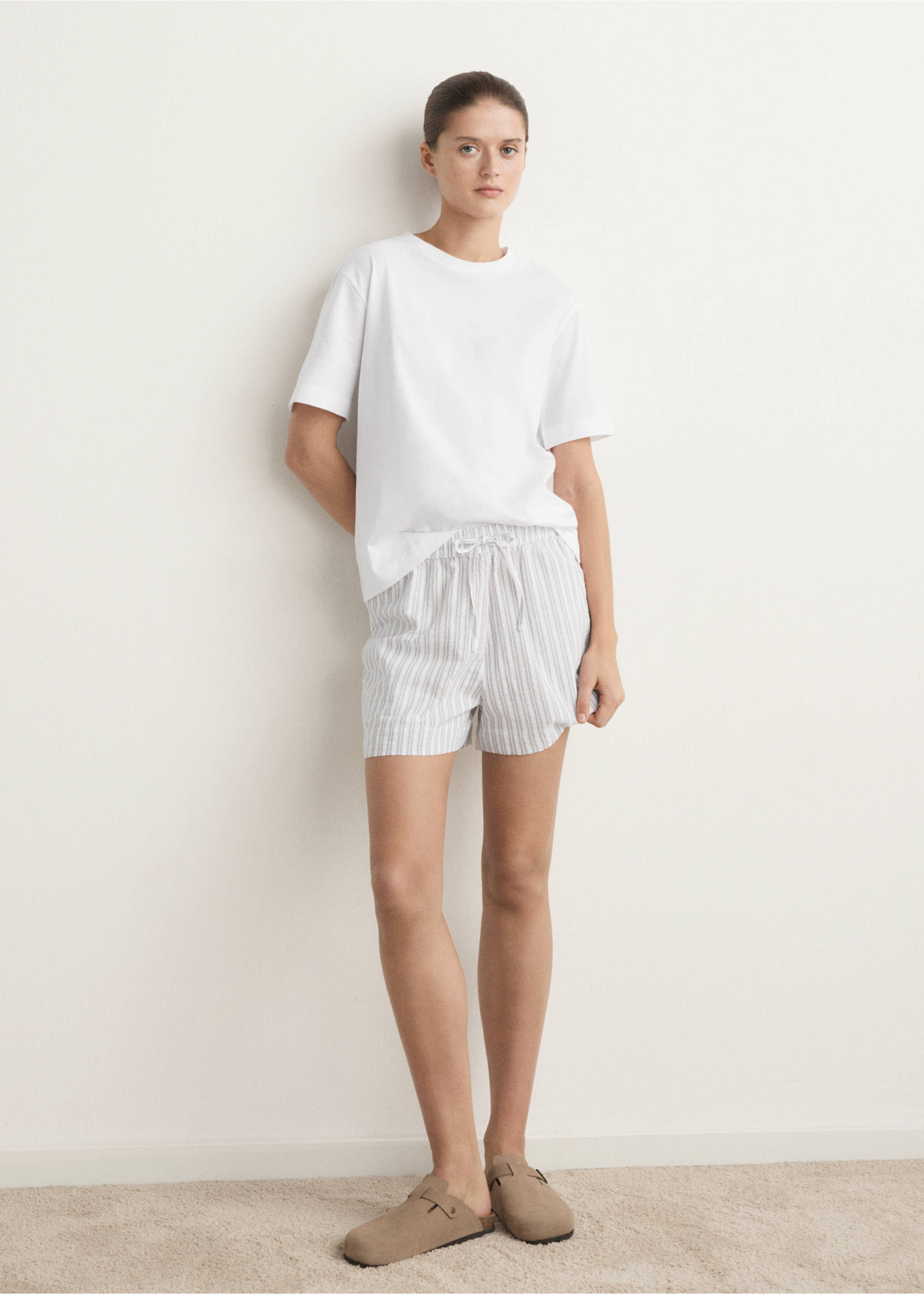 Pijama dos piezas raya algodón manga corta - Plano general, Gris. Ref: 27051218-00.