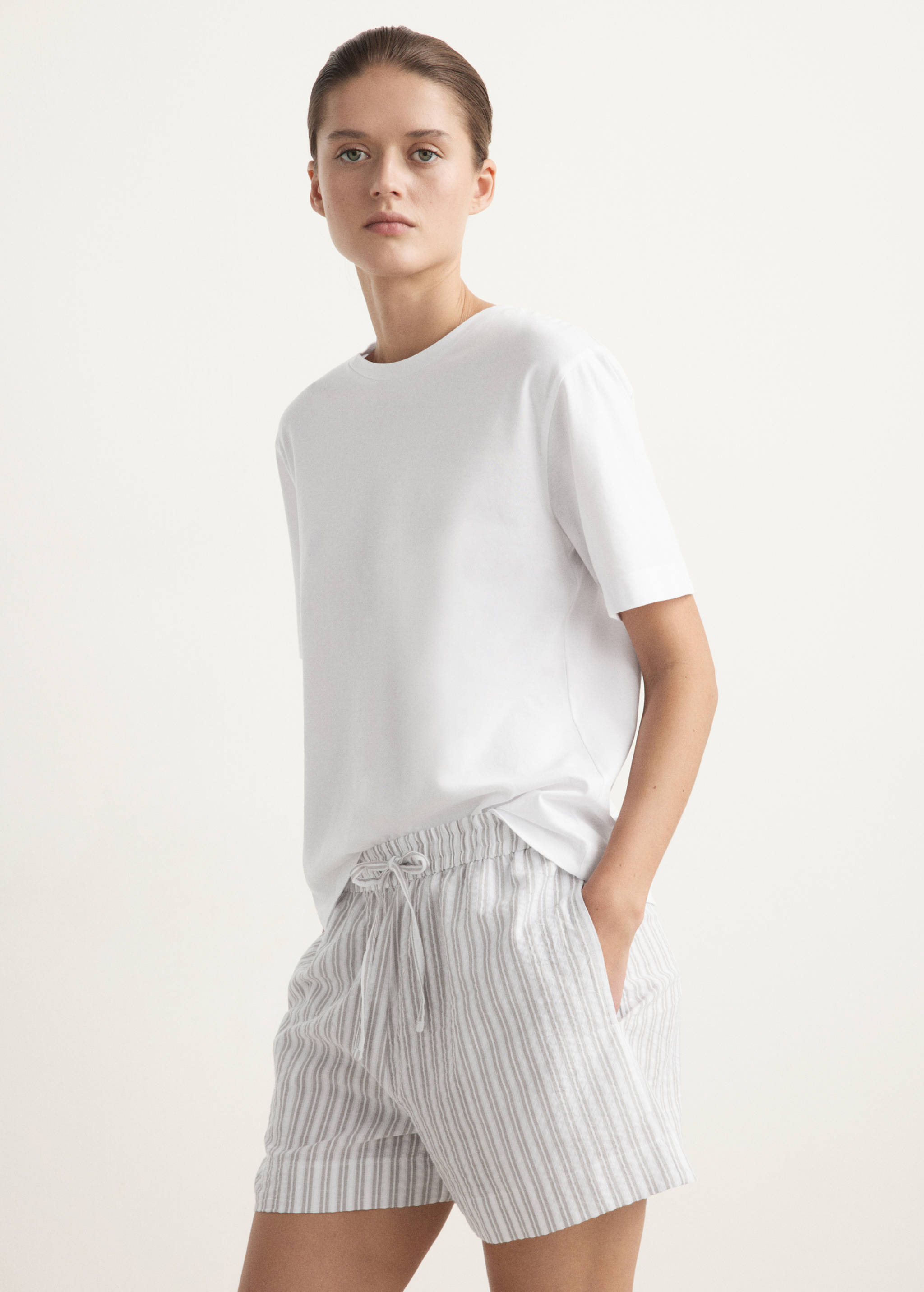 Пижамный комплект из хлопка в полоску с короткими рукавами - Деталь изделия 2