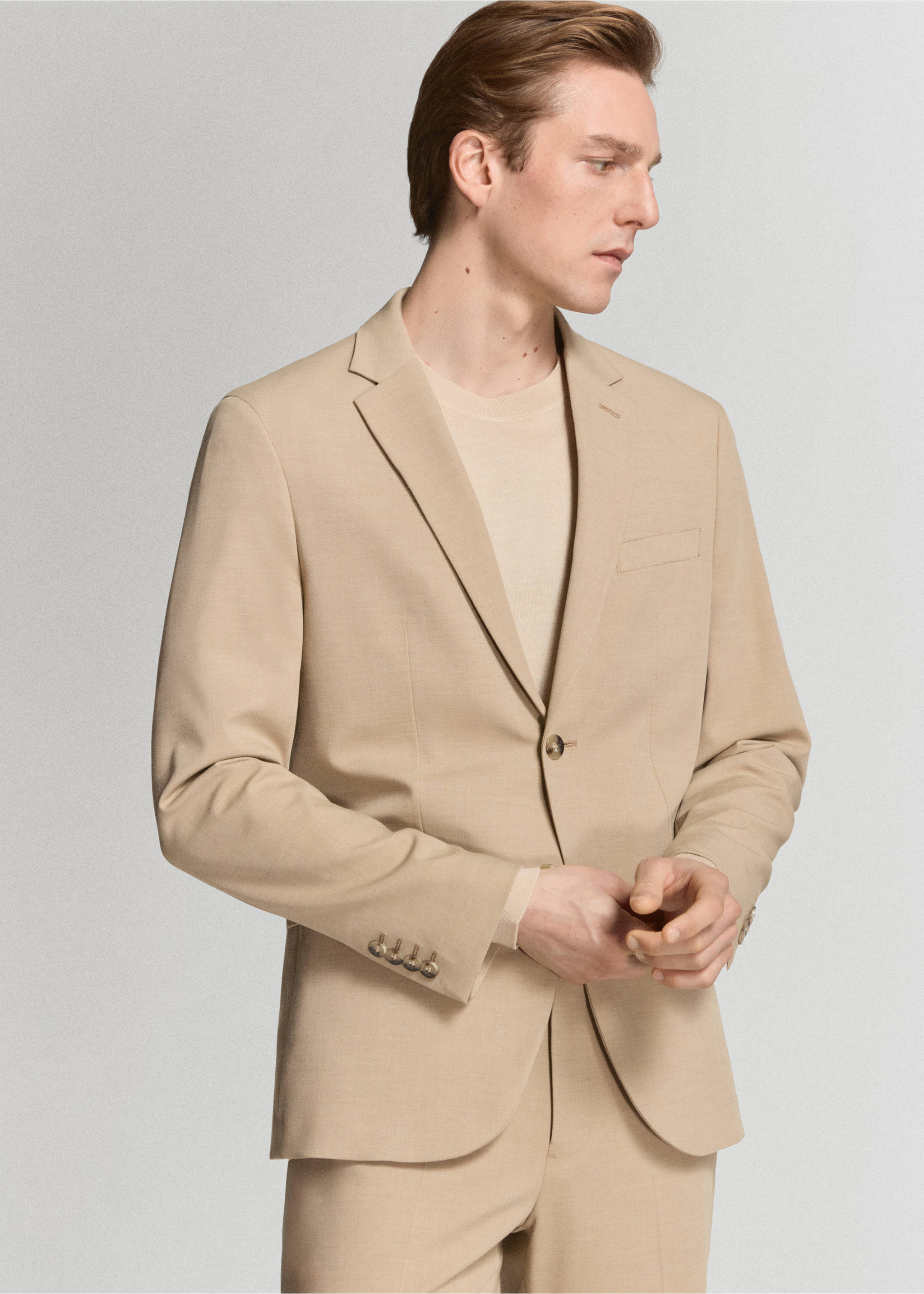 Super slim-fit suit jacket in stretch fabric - Details of the article 3, Beige. Ref: 27051225-01.