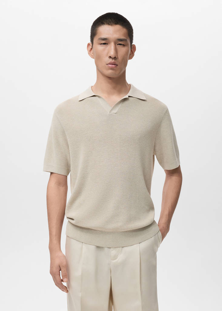 Structured cotton knitted polo shirt — Beige