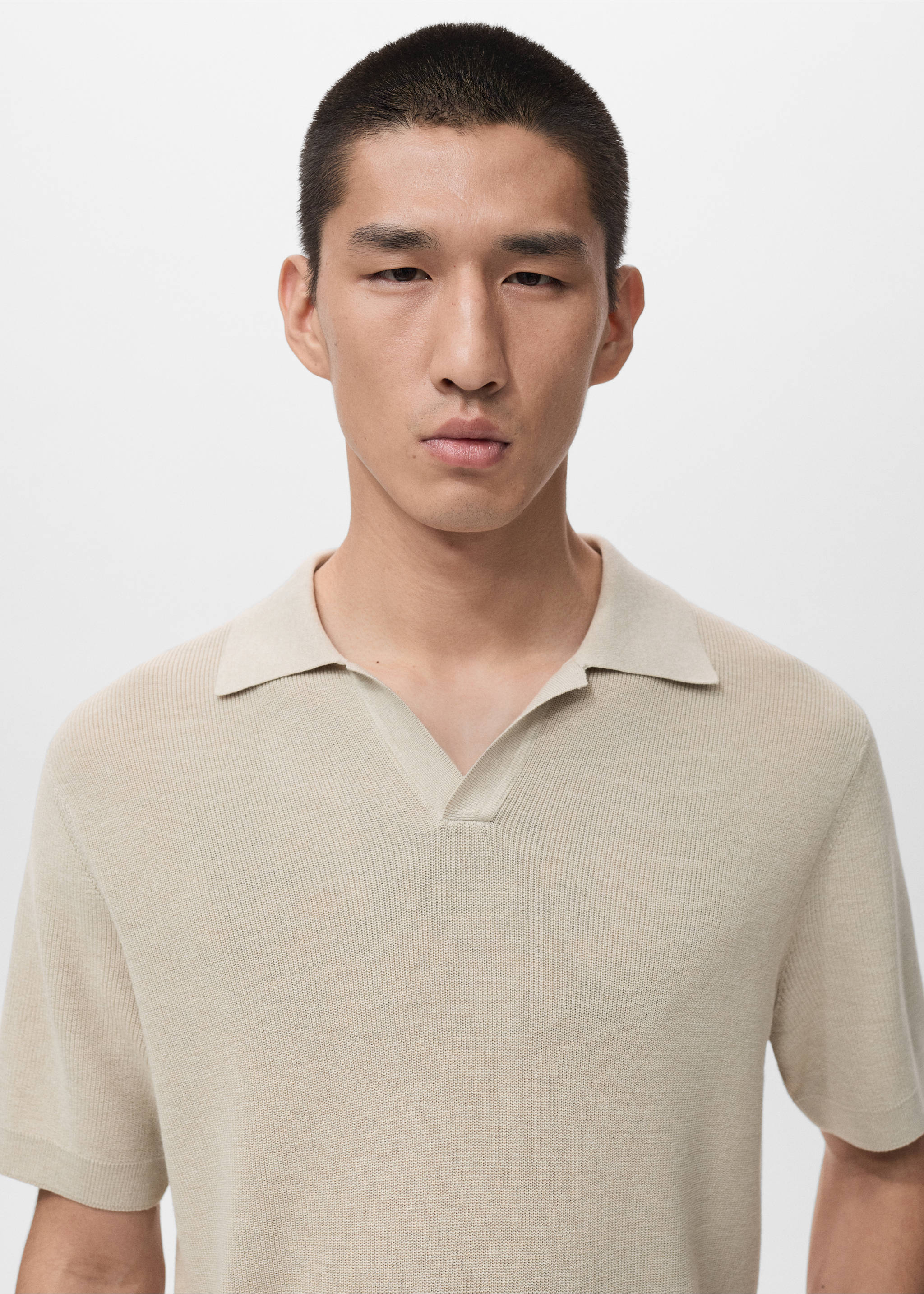 Structured cotton knitted polo shirt - Details of the article 1, Beige. Ref: 27051235-00.