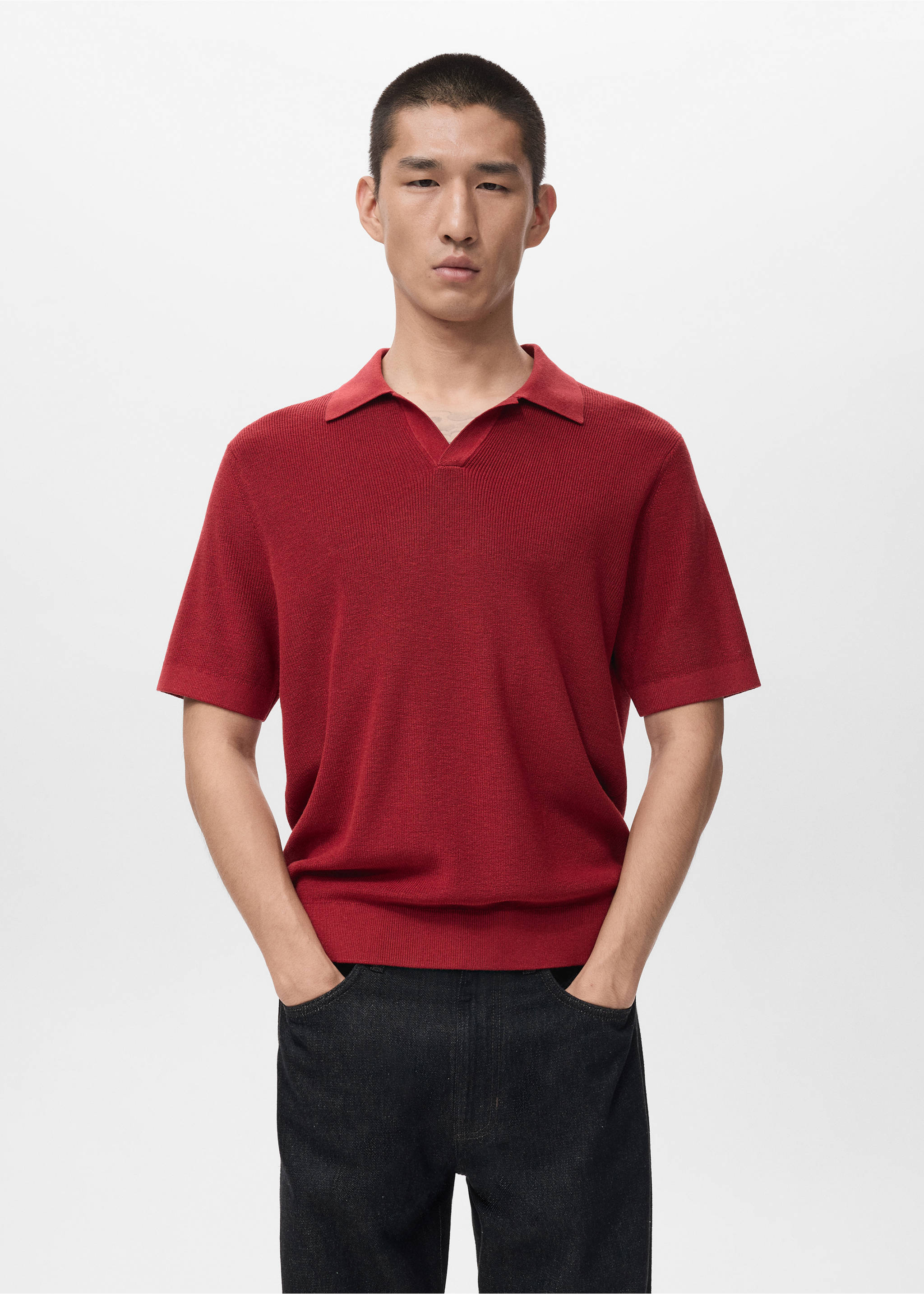 Structured cotton knitted polo shirt - Medium plane, Red. Ref: 27051235-00.