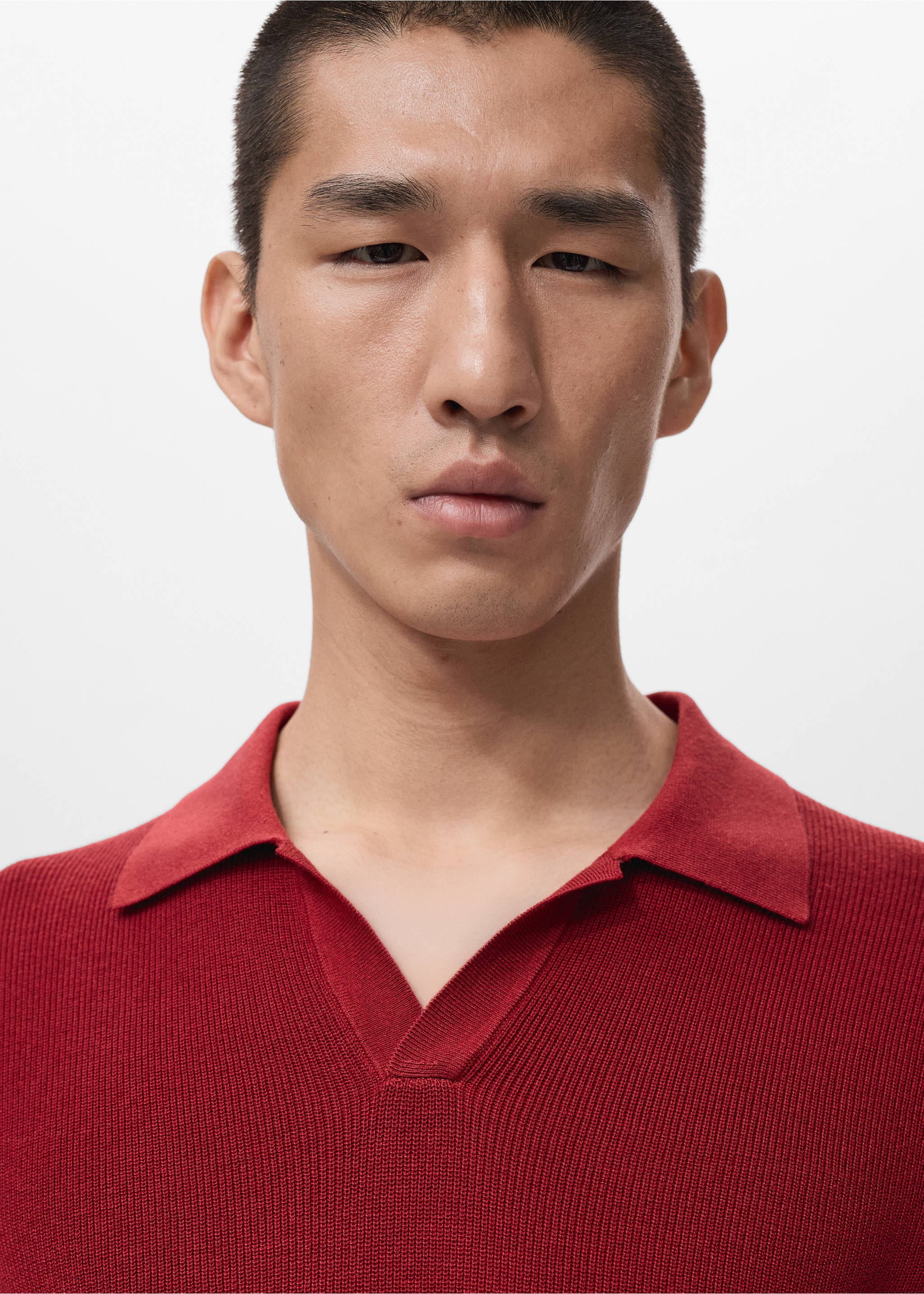 Structured cotton knitted polo shirt - Details of the article 1, Red. Ref: 27051235-00.