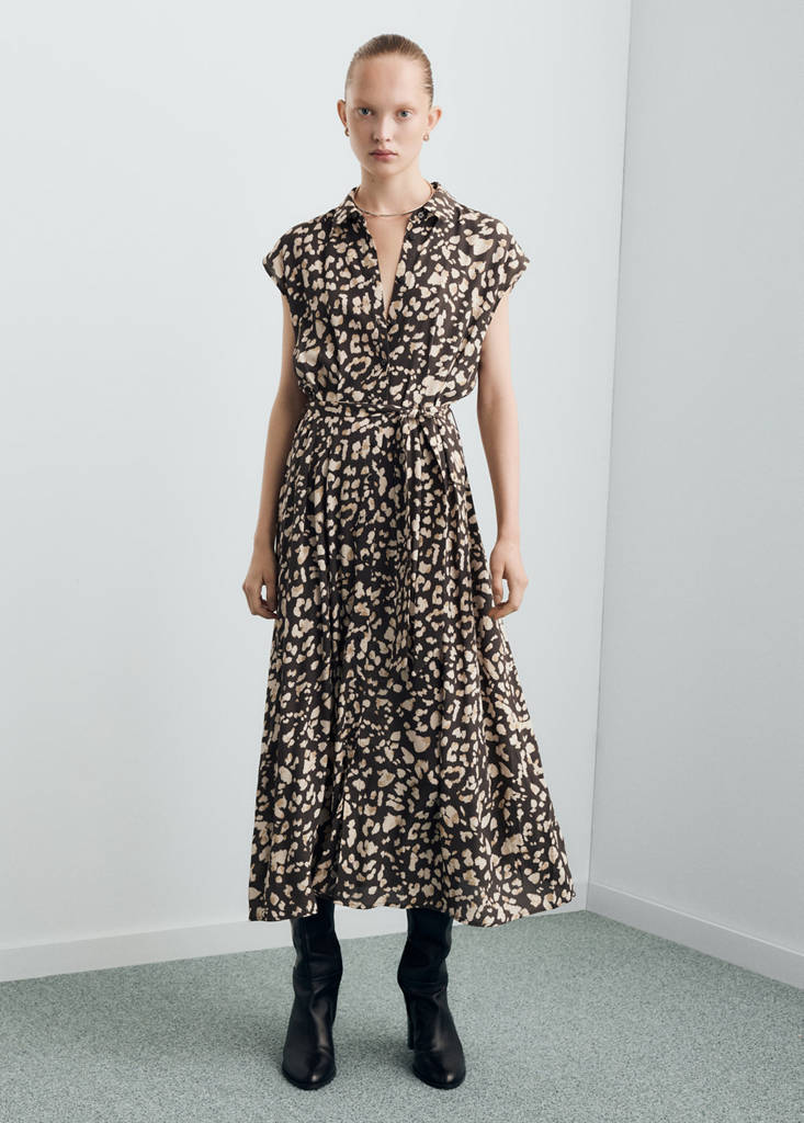 Printed shirt dress with belt — Brown