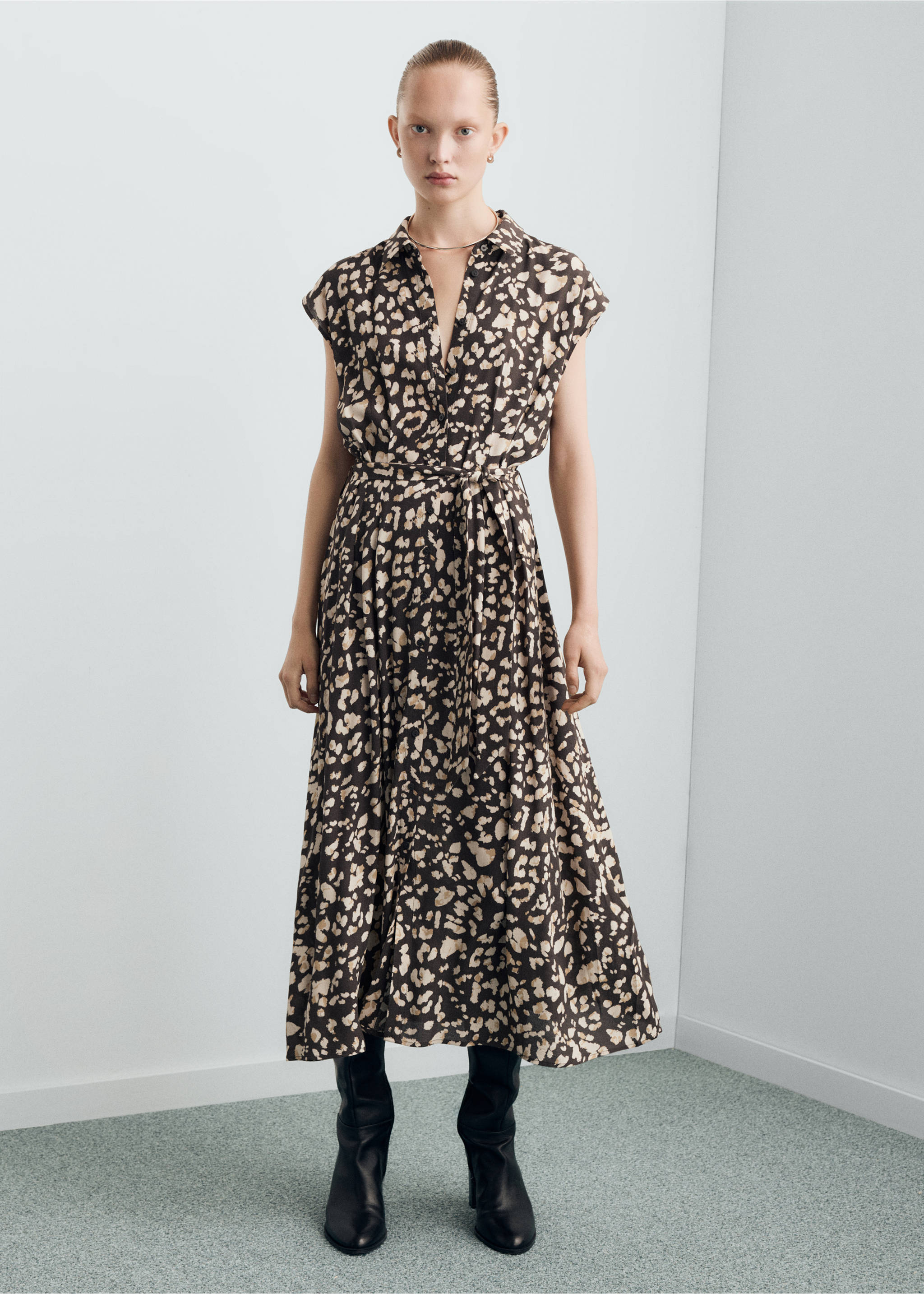 Printed shirt dress with belt - General plane, Brown. Ref: 27051243-00.
