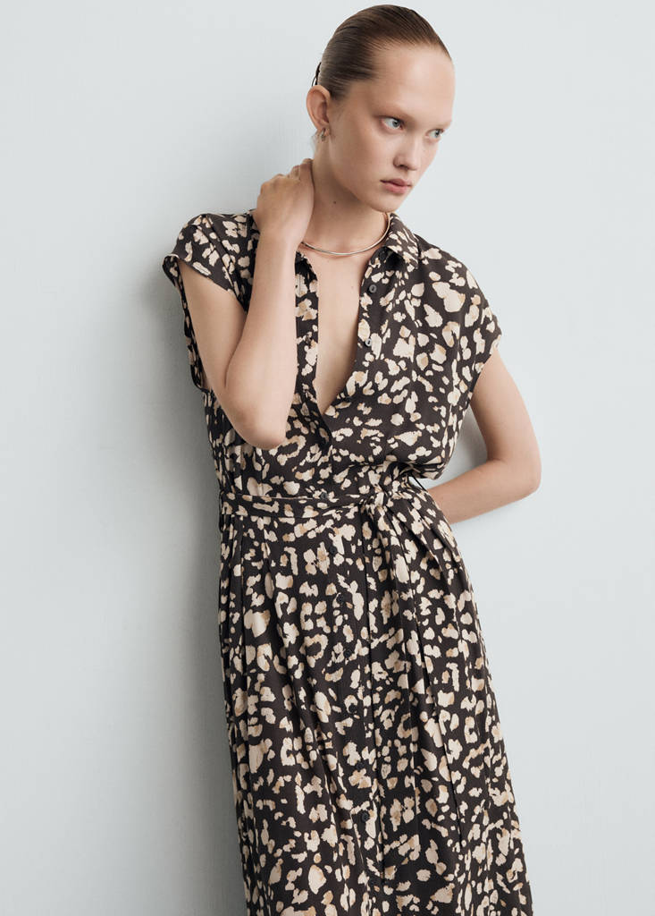 Printed shirt dress with belt — Brown