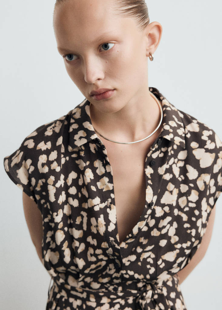 Printed shirt dress with belt — Brown