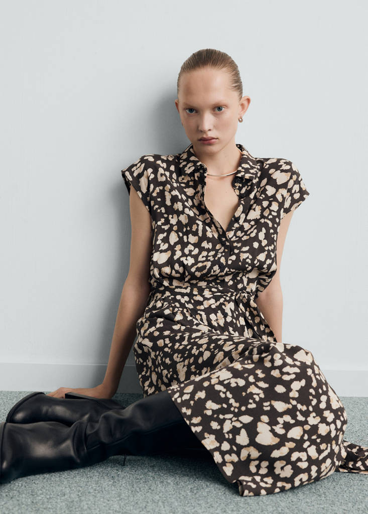 Printed shirt dress with belt — Brown