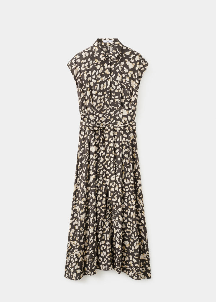 Printed shirt dress with belt — Brown