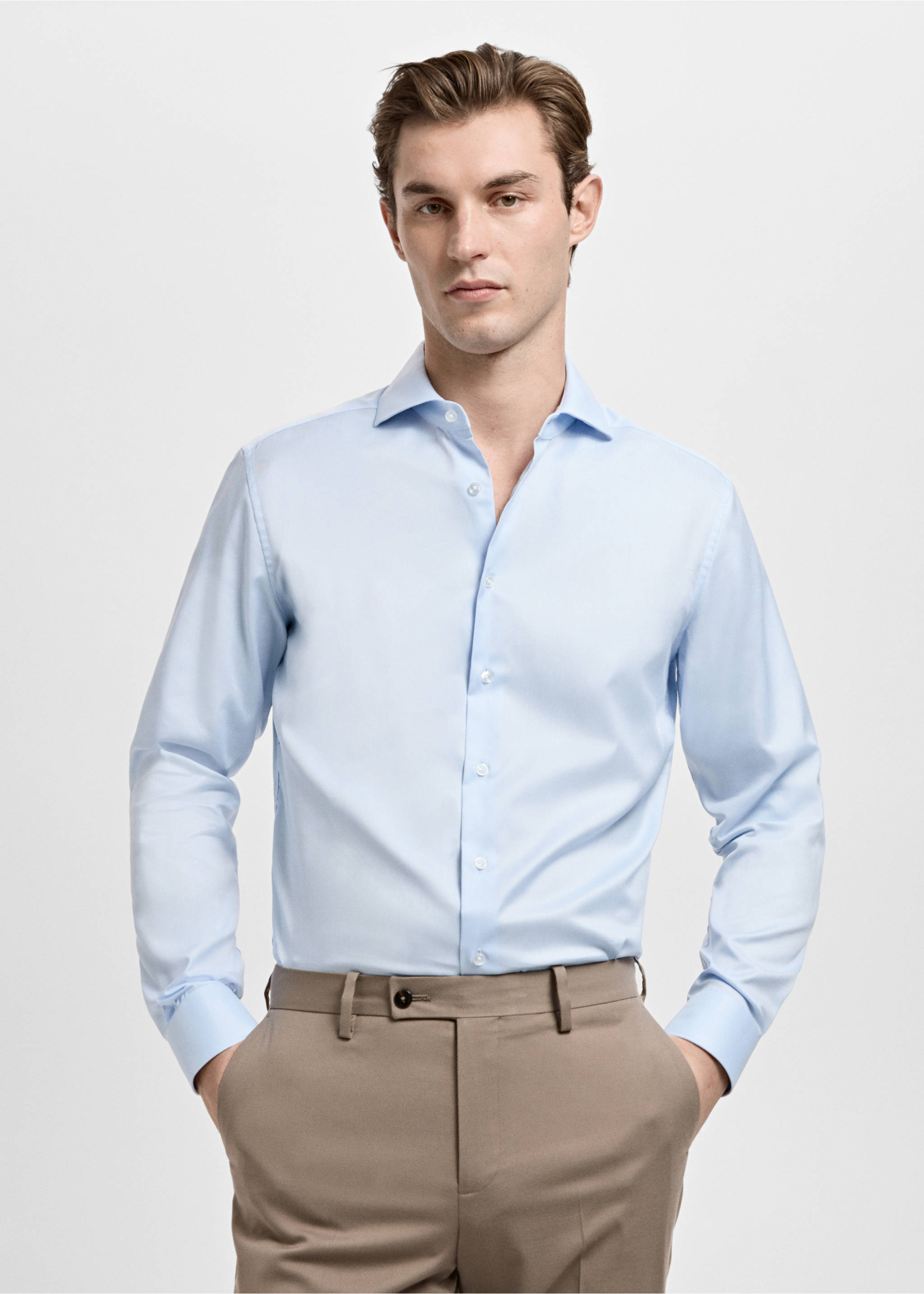 Slim fit 100% cotton structured dress shirt - Medium plane, Sky Blue. Ref: 27051253-00.