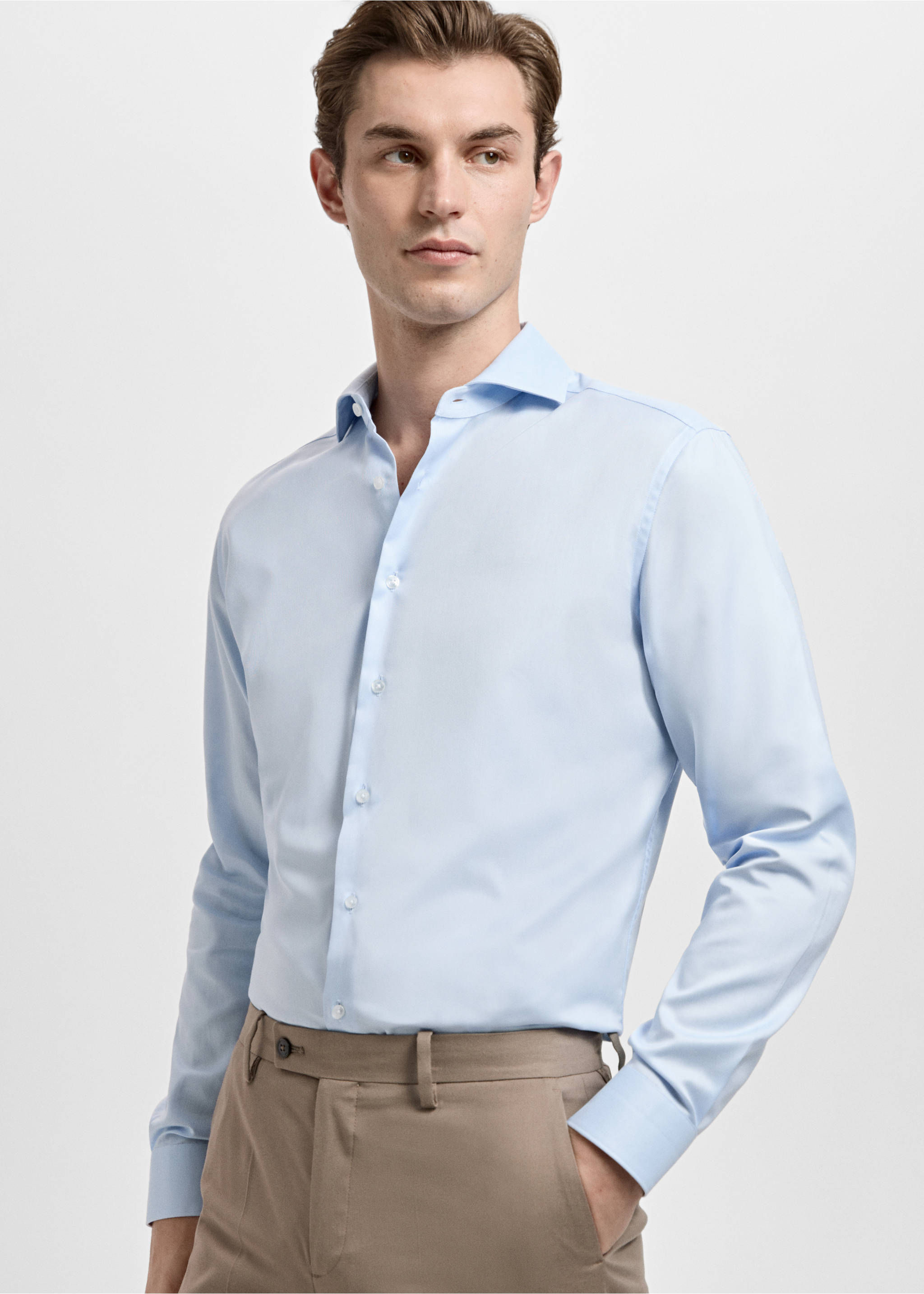 Slim fit 100% cotton structured dress shirt - Details of the article 3, Sky Blue. Ref: 27051253-00.