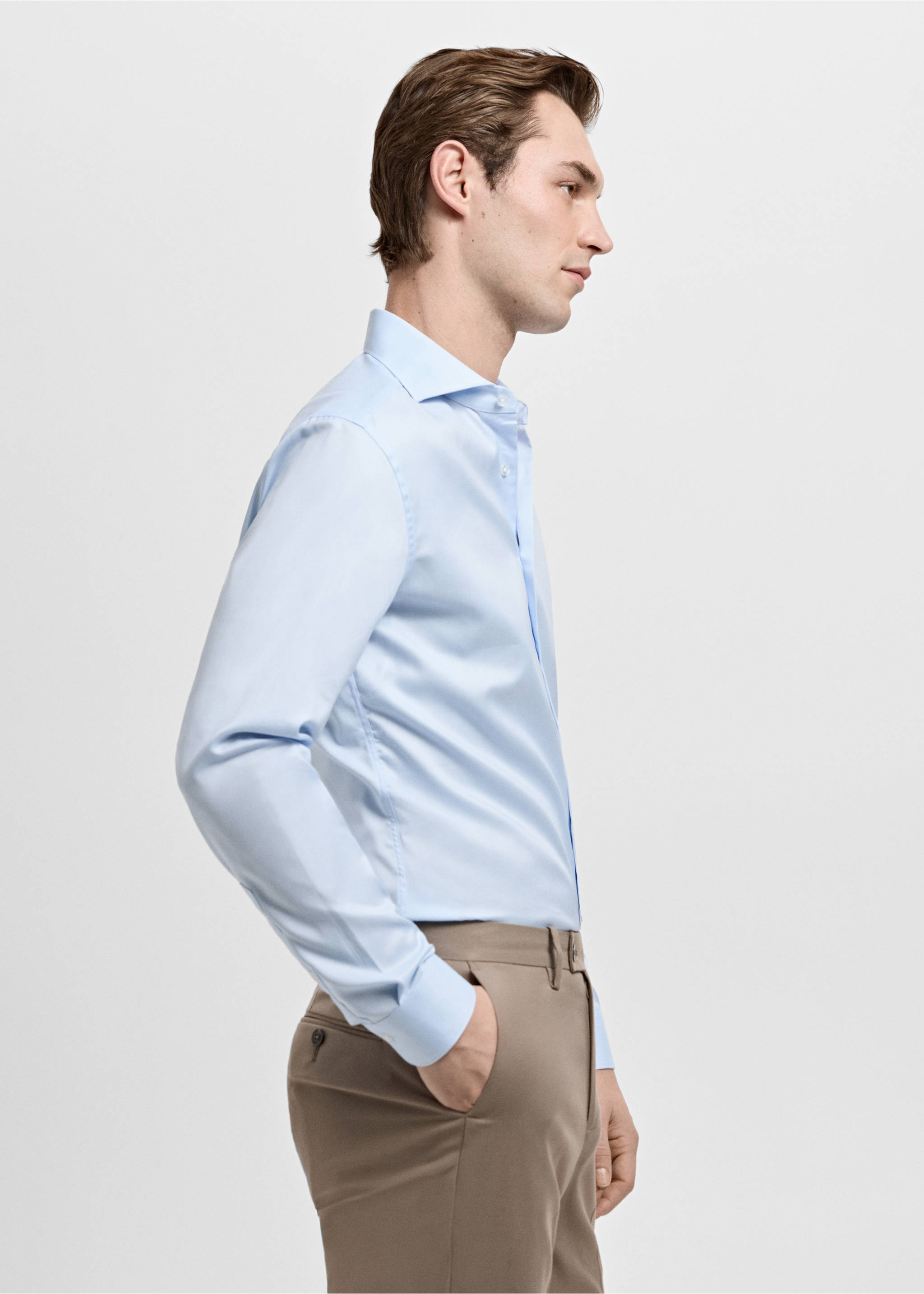 Slim fit 100% cotton structured dress shirt - Details of the article 2, Sky Blue. Ref: 27051253-00.