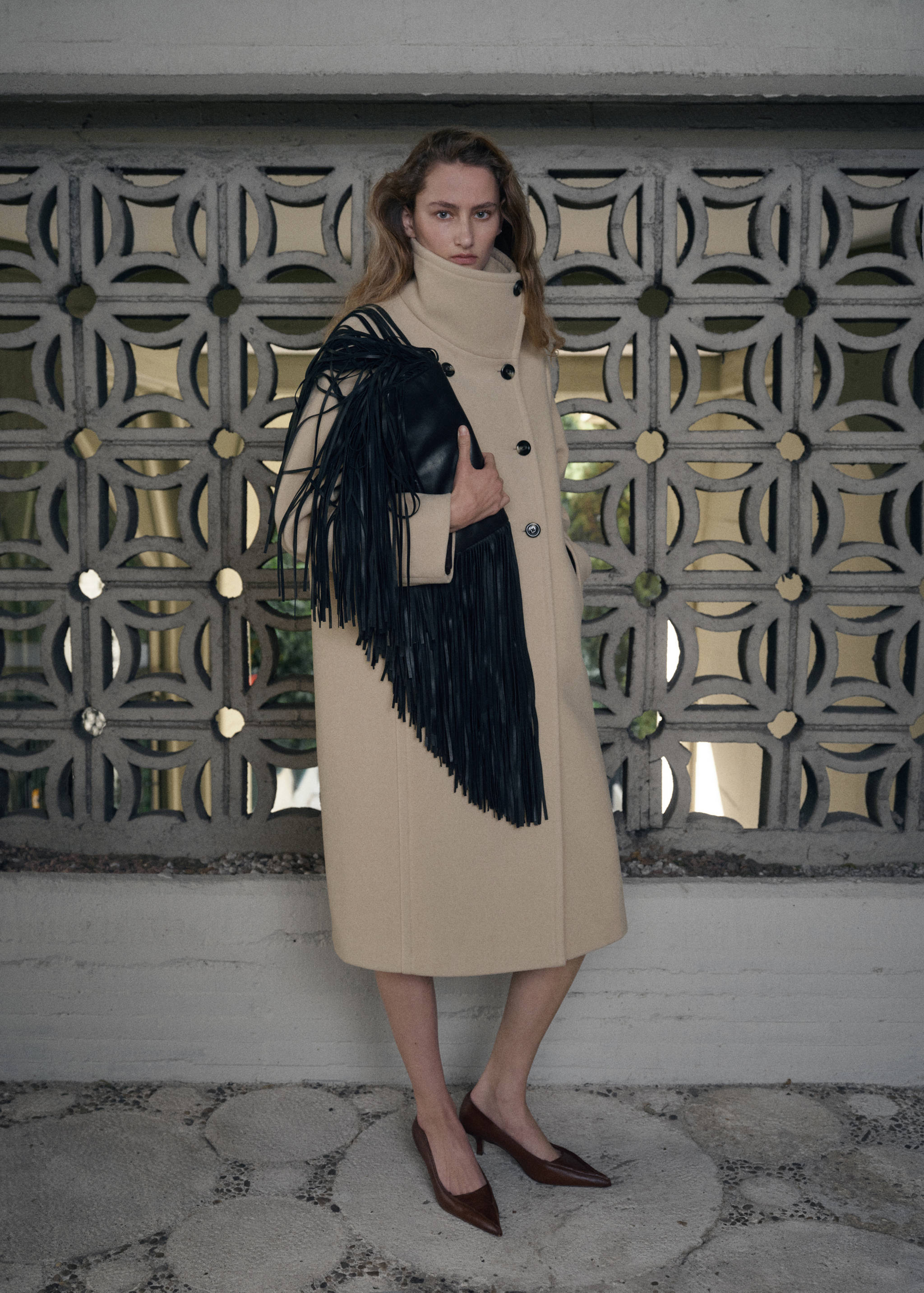 Manteau laine mélangée col cheminée - Plan général