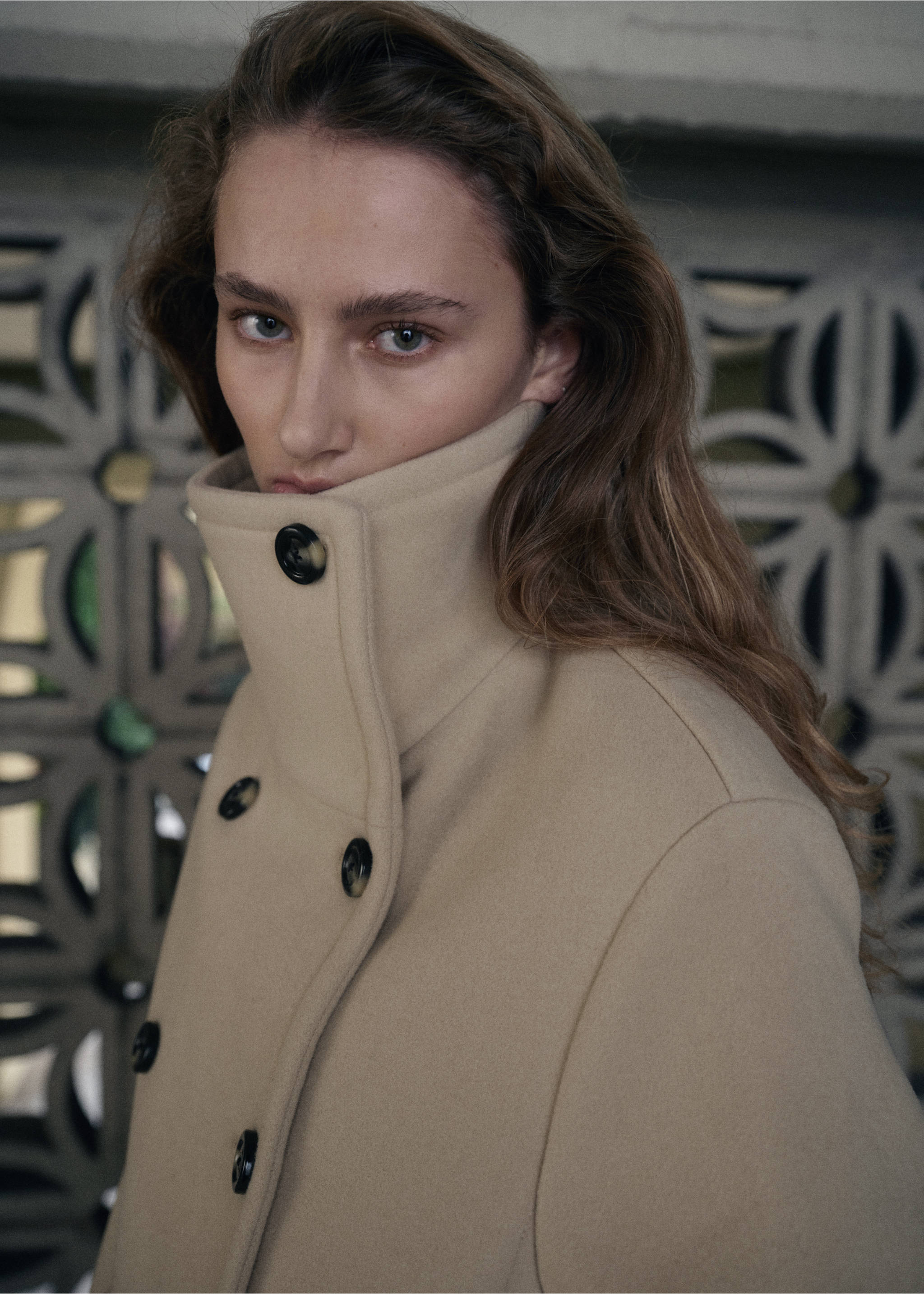 Manteau laine mélangée col cheminée - Détail de l'article 1, Vanille. Ref: 27051260-00.