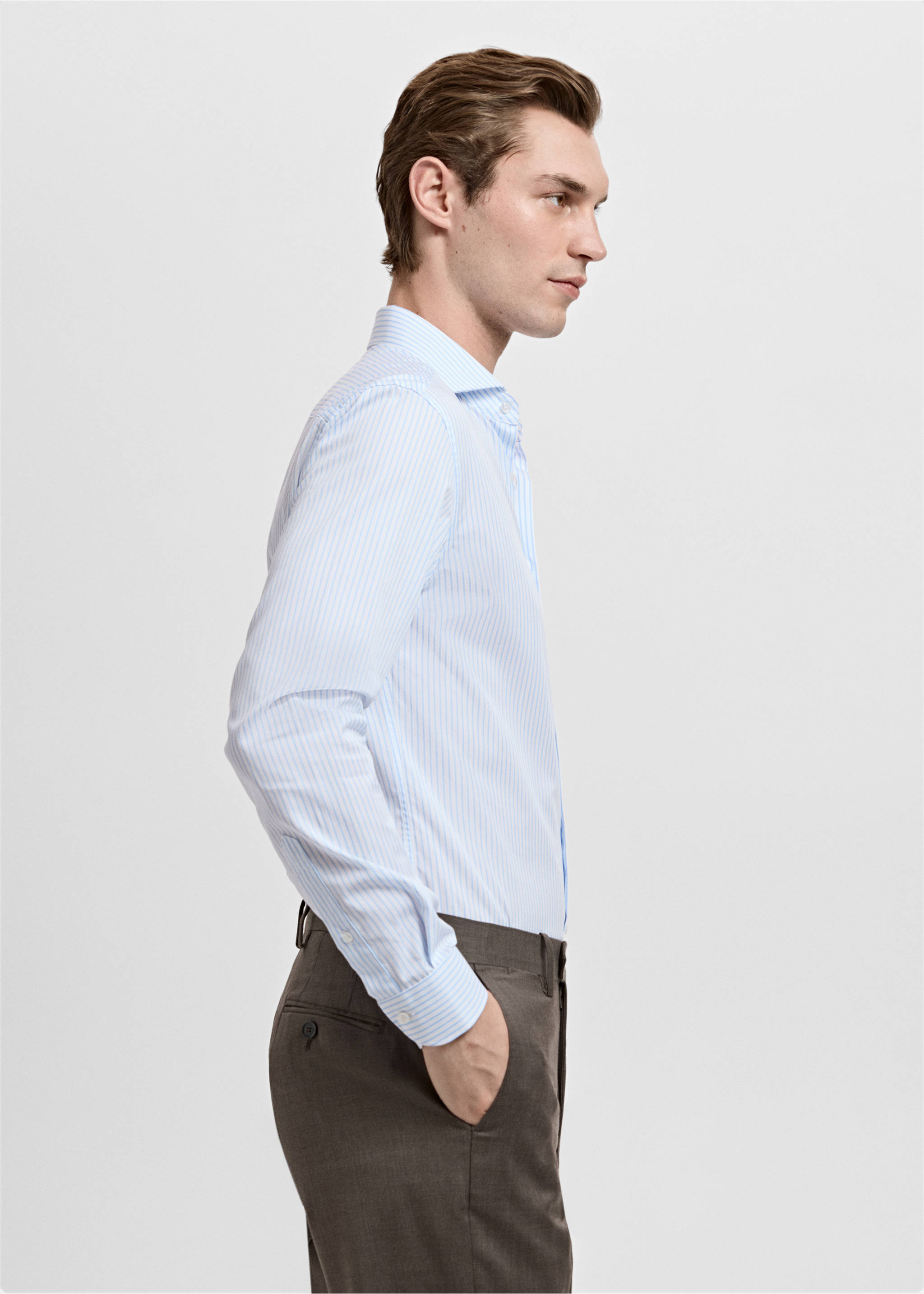Camisa traje slim fit 100% algodón rayas - Detalle del artículo 2, Azul celeste. Ref: 27051262-00.