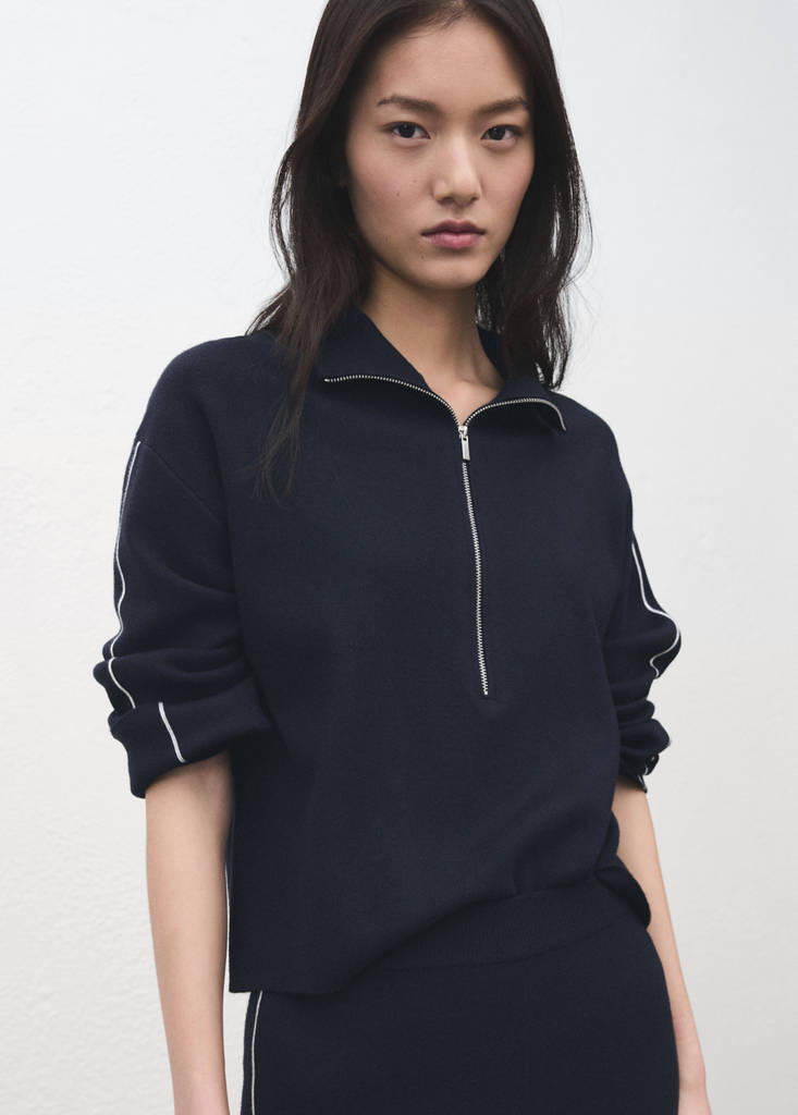 Zip neck contrast-stripe sweater — Navy